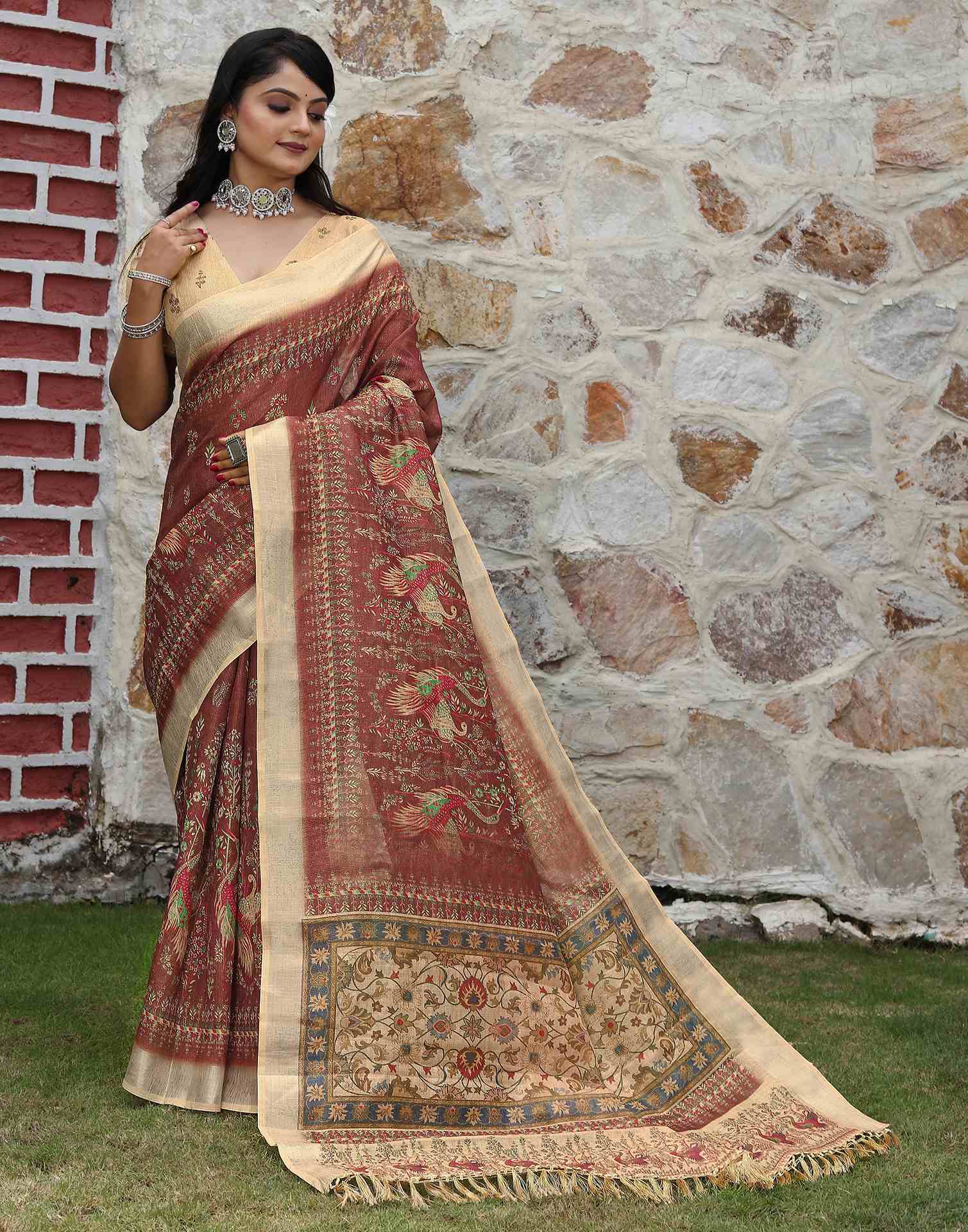 Dark Brown Cotton Printed Saree