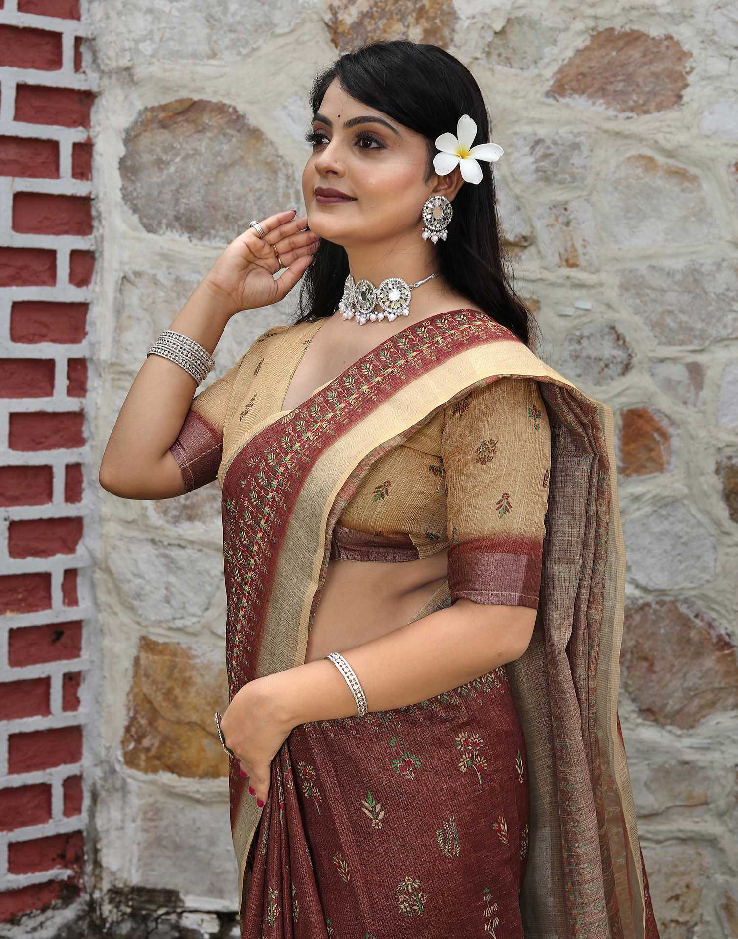 Dark Brown Cotton Printed Saree