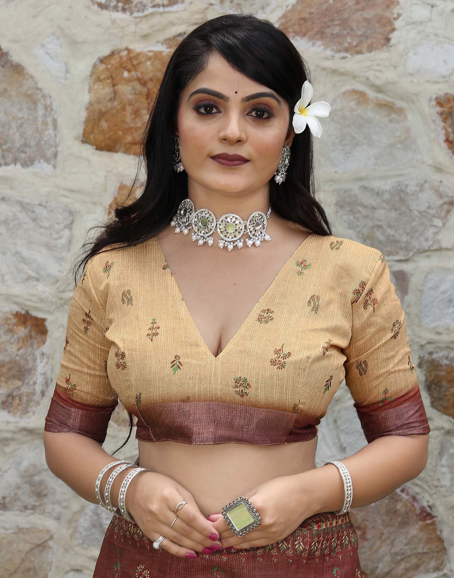 Dark Brown Cotton Printed Saree