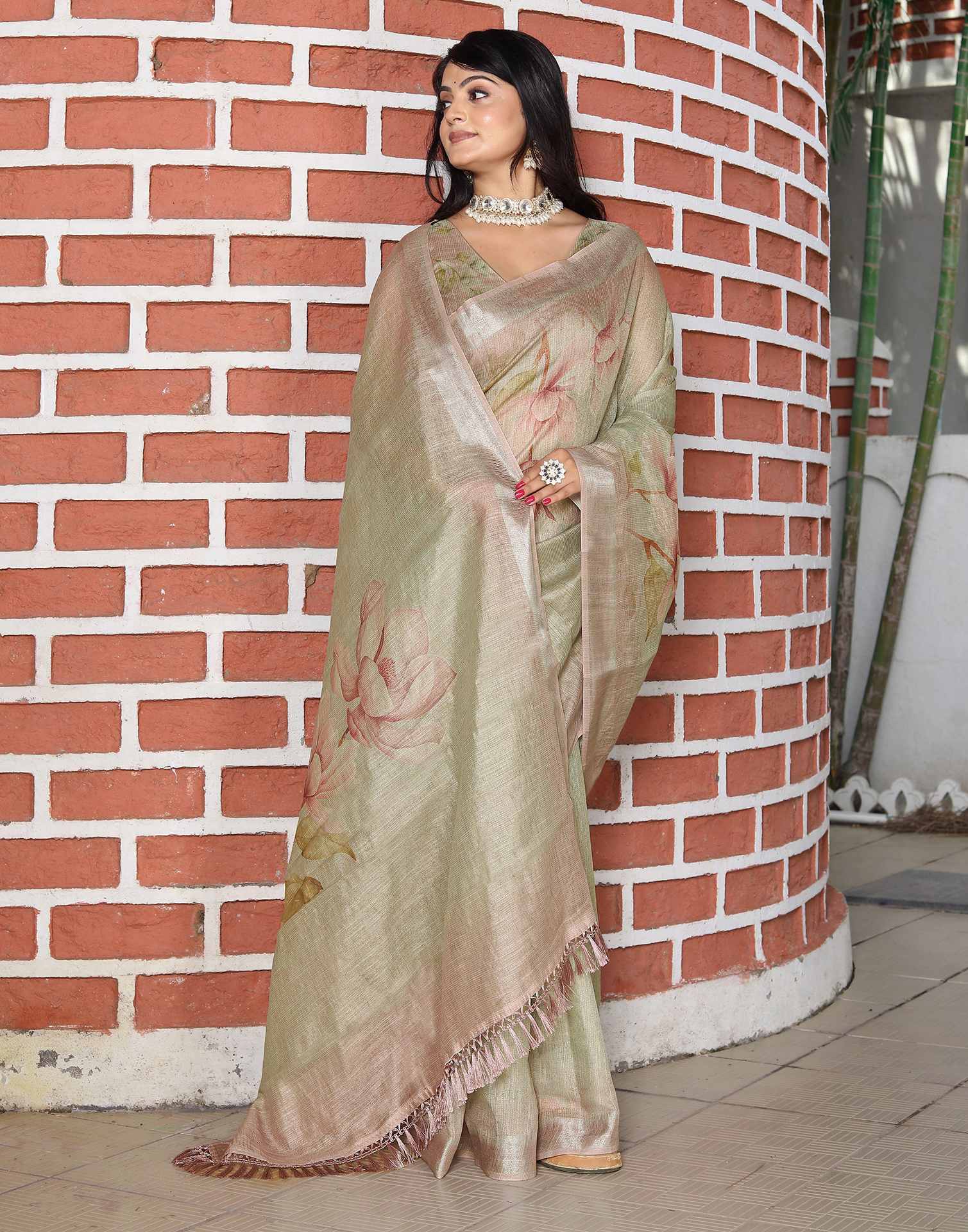 Khaki Cotton Floral Printed Saree