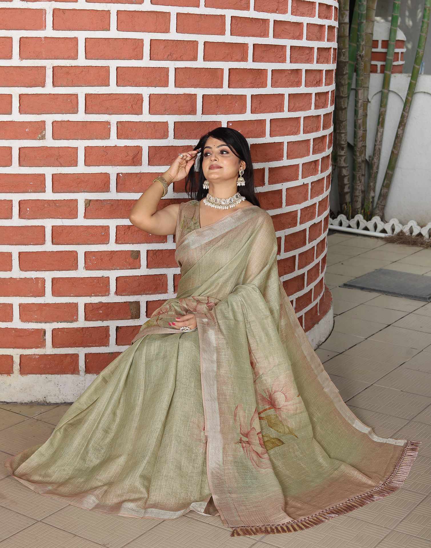 Khaki Cotton Floral Printed Saree