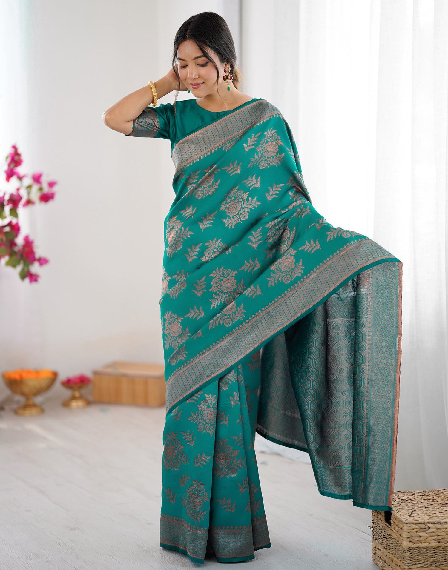Teal Green Silk Woven Banarasi Saree