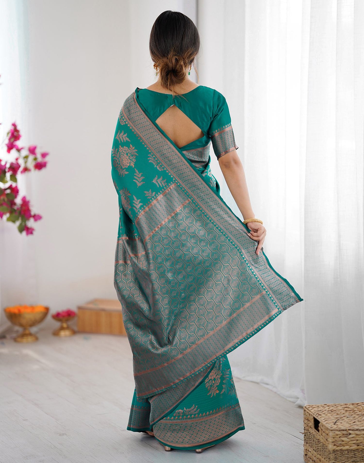 Teal Green Silk Woven Banarasi Saree