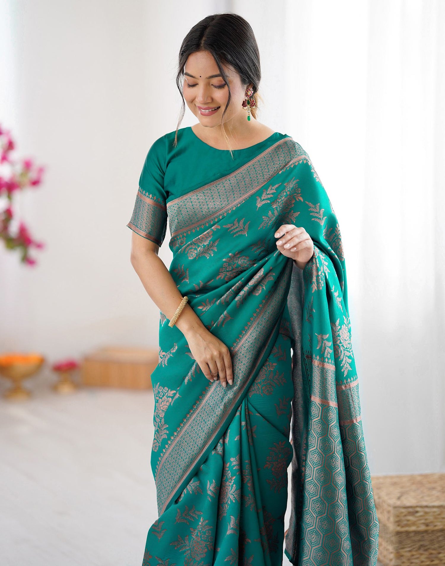 Teal Green Silk Woven Banarasi Saree