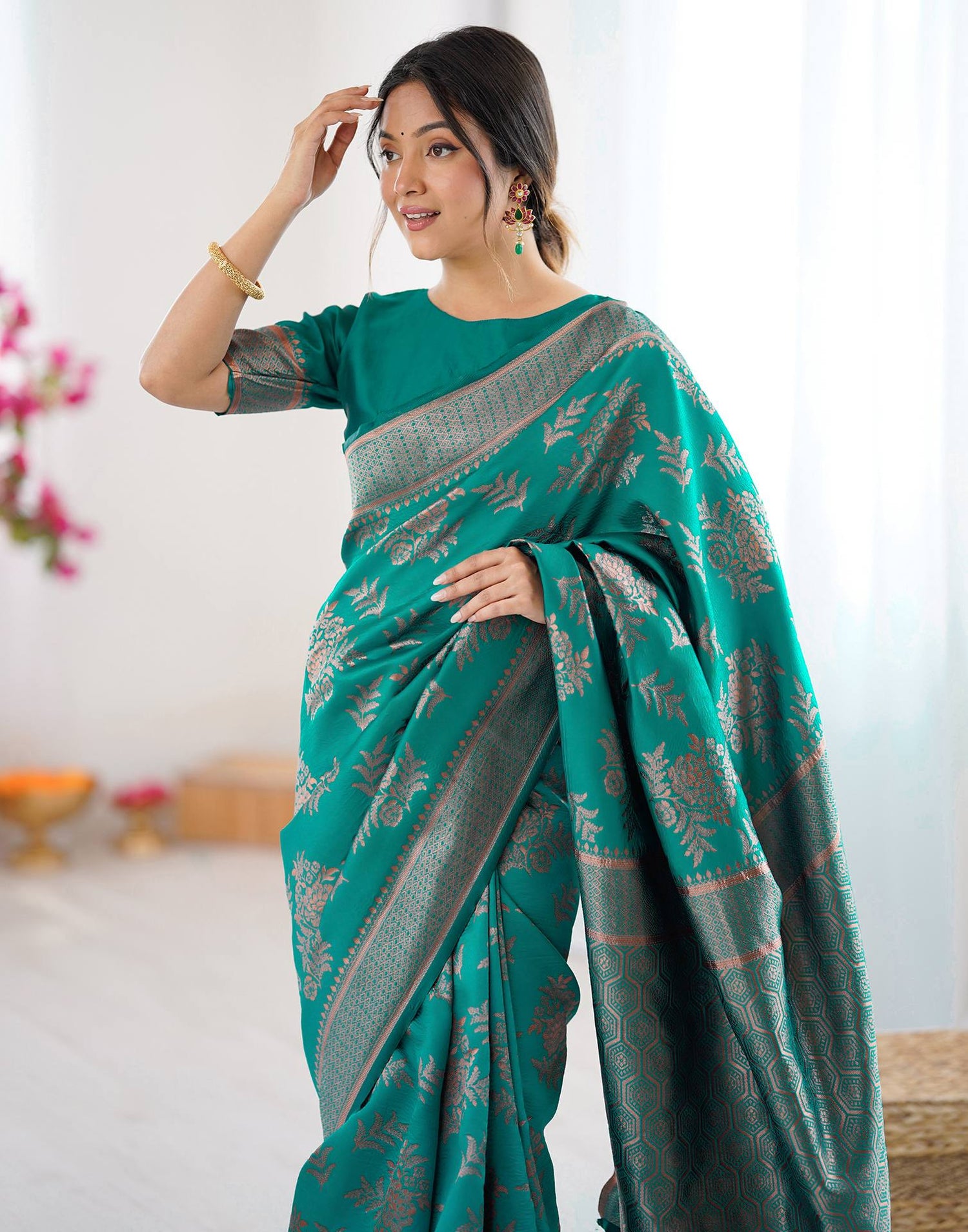 Teal Green Silk Woven Banarasi Saree