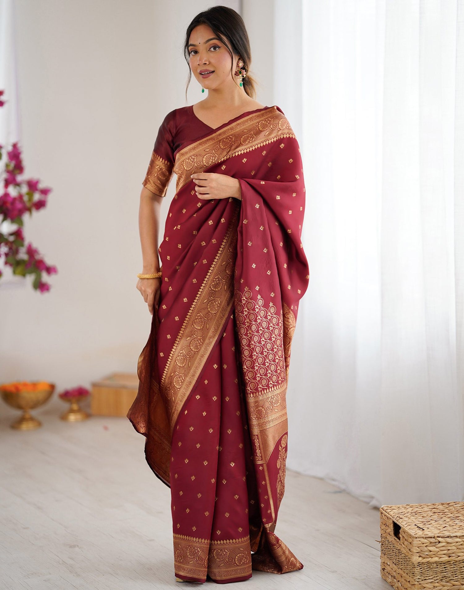 Maroon Silk Woven Banarasi Saree