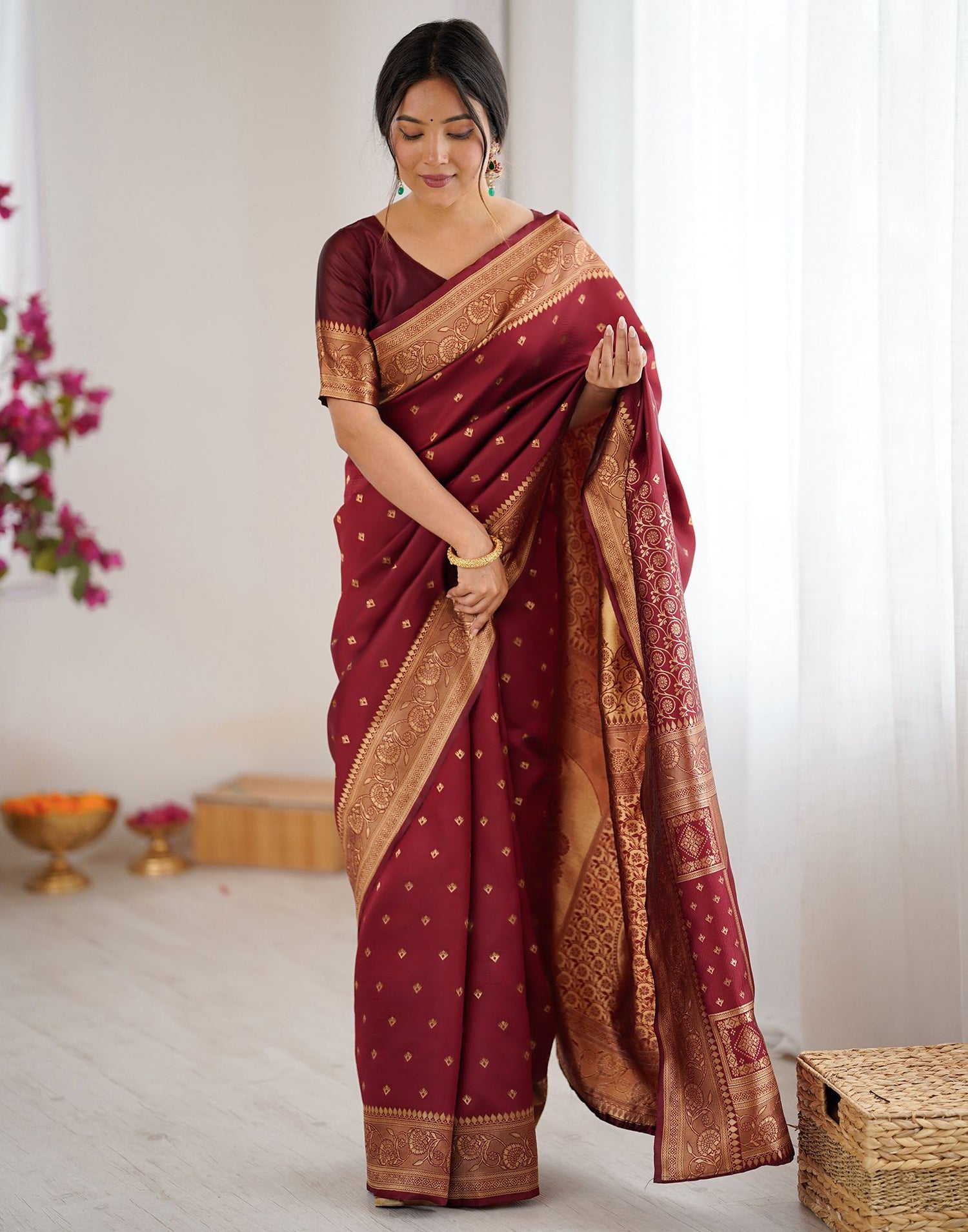 Maroon Silk Woven Banarasi Saree