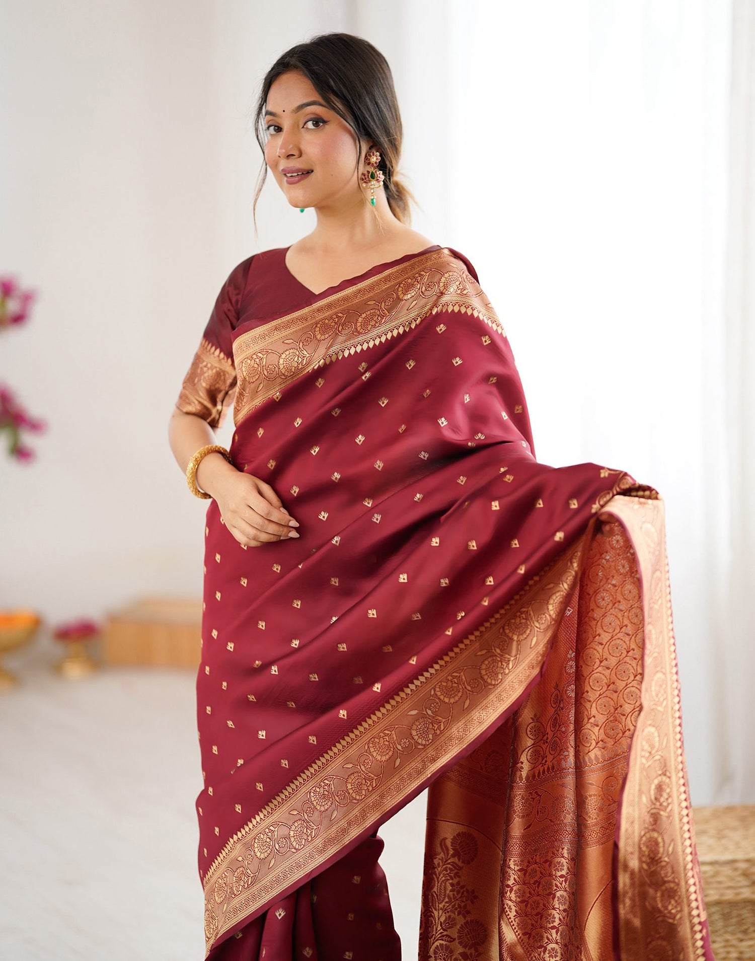 Maroon Silk Woven Banarasi Saree