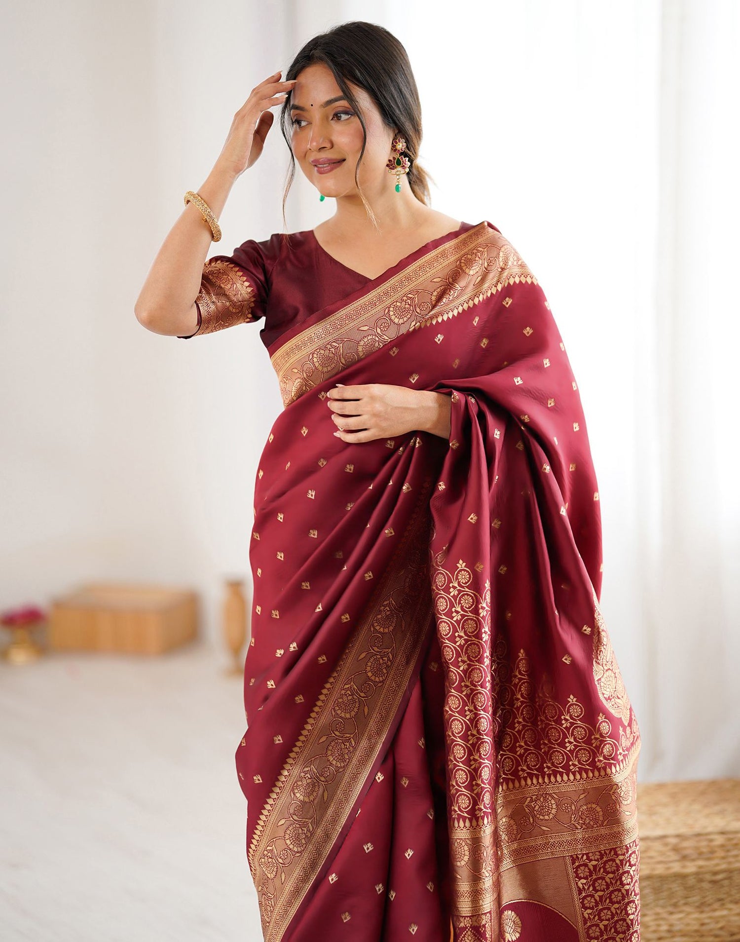 Maroon Silk Woven Banarasi Saree