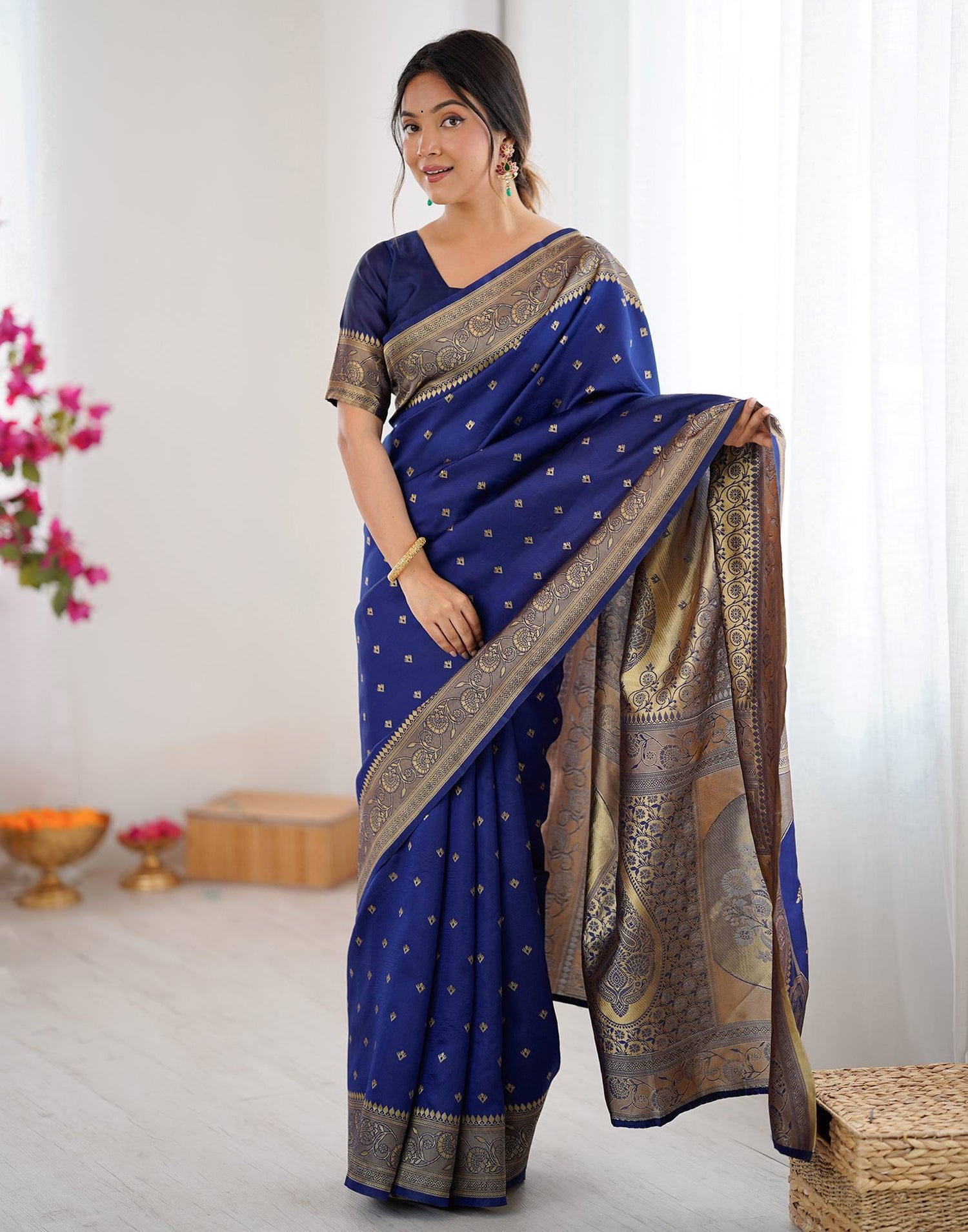 Navy Blue Silk Woven Banarasi Saree