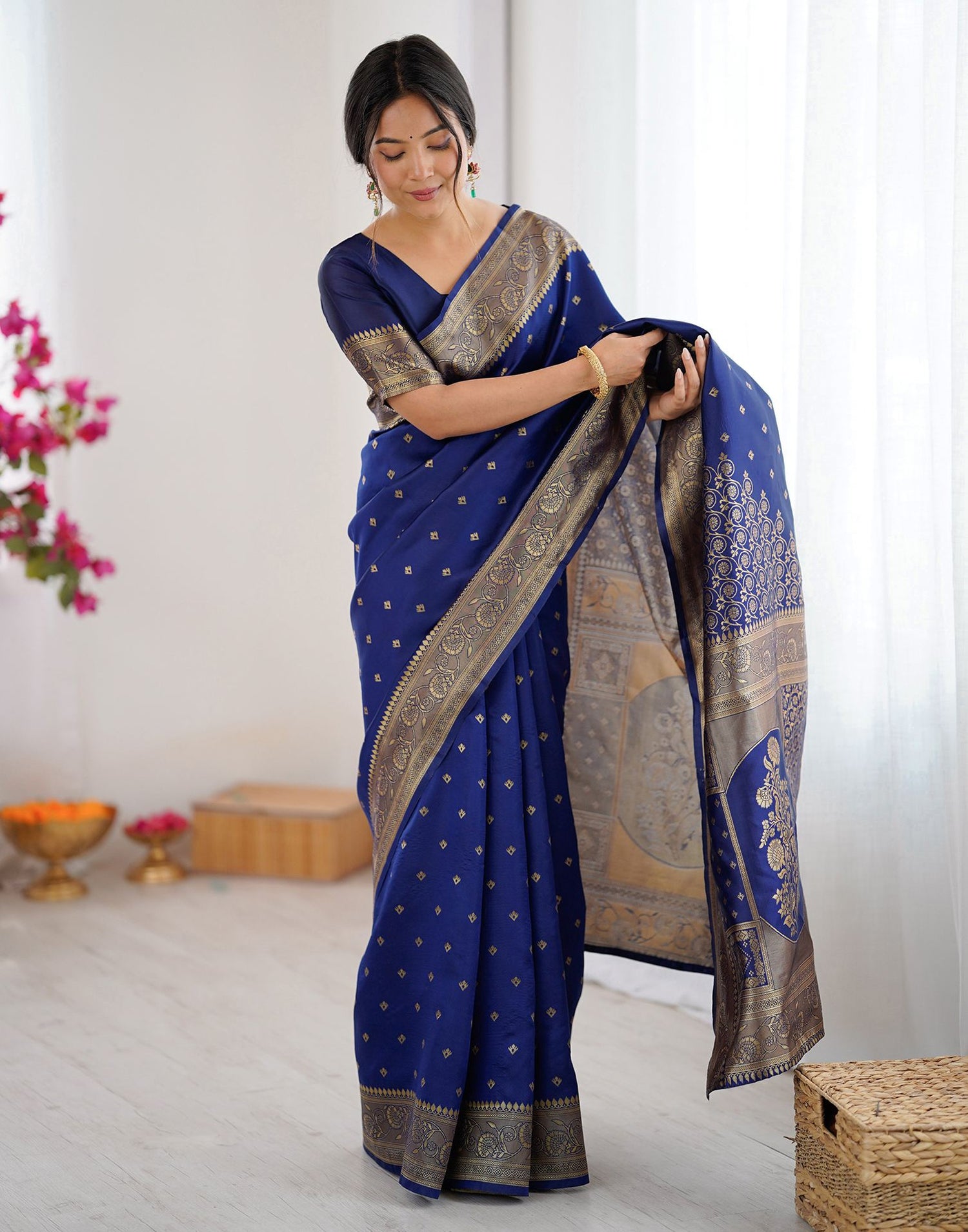 Navy Blue Silk Woven Banarasi Saree