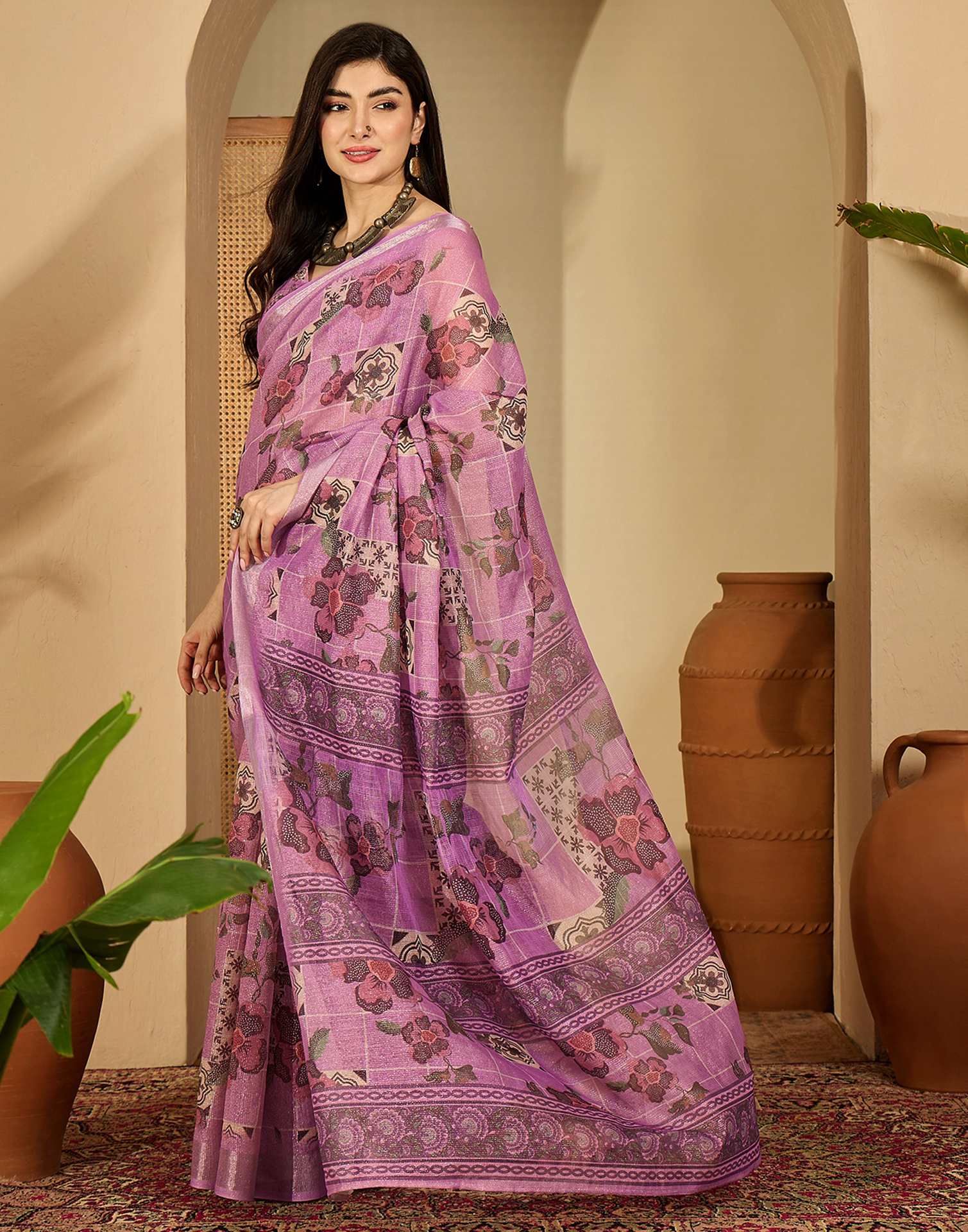 Light Pink Cotton Floral Printed Saree