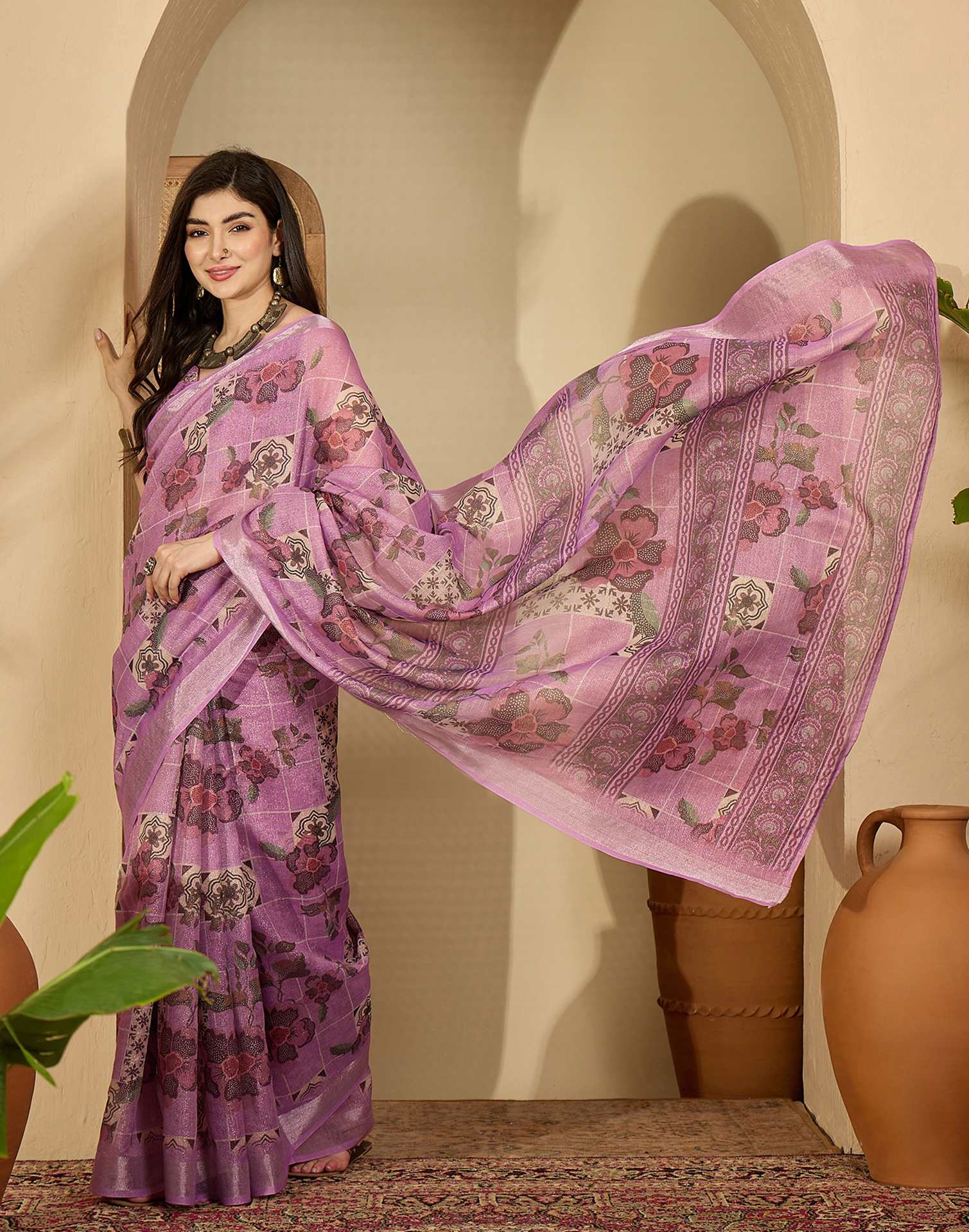 Light Pink Cotton Floral Printed Saree