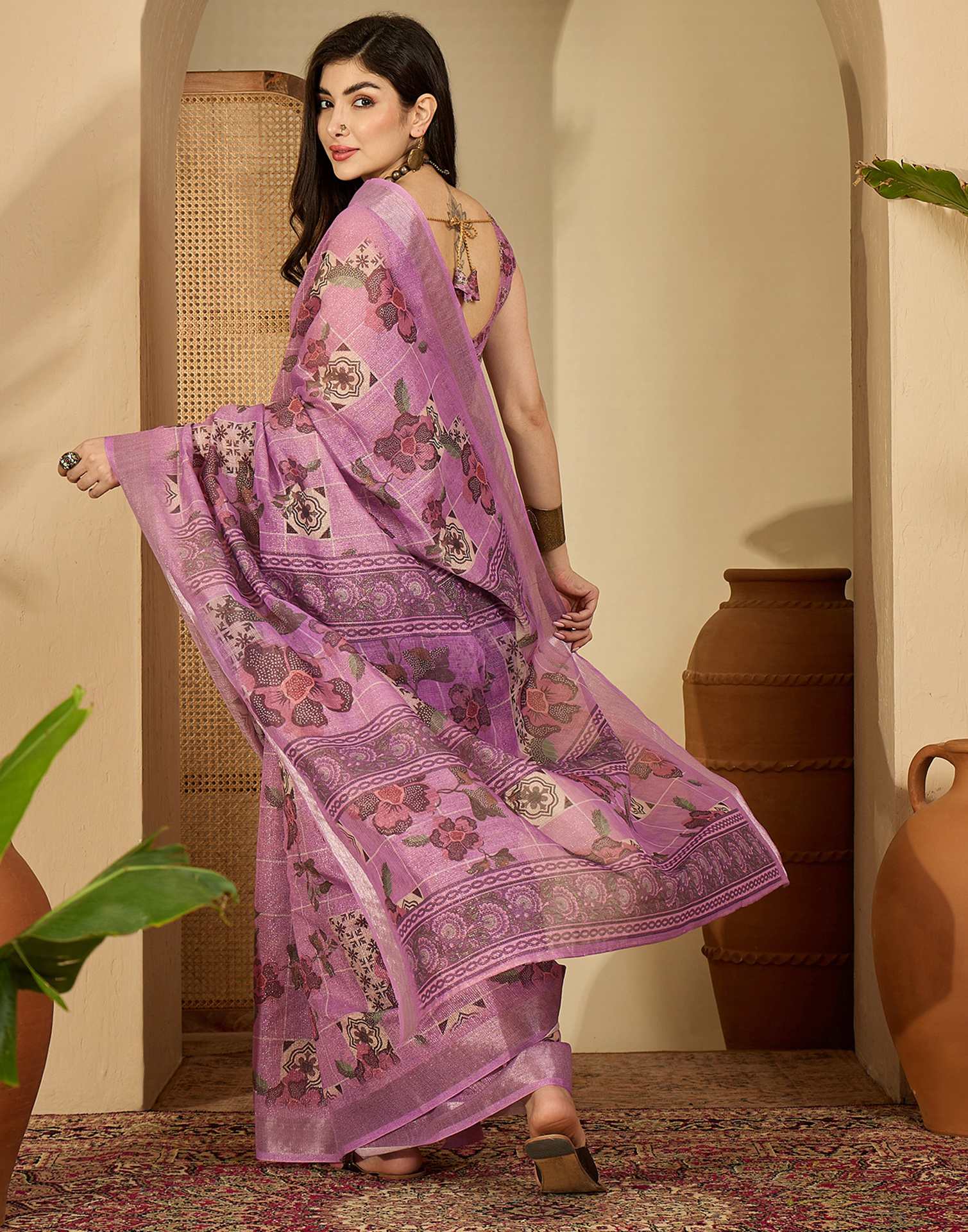 Light Pink Cotton Floral Printed Saree
