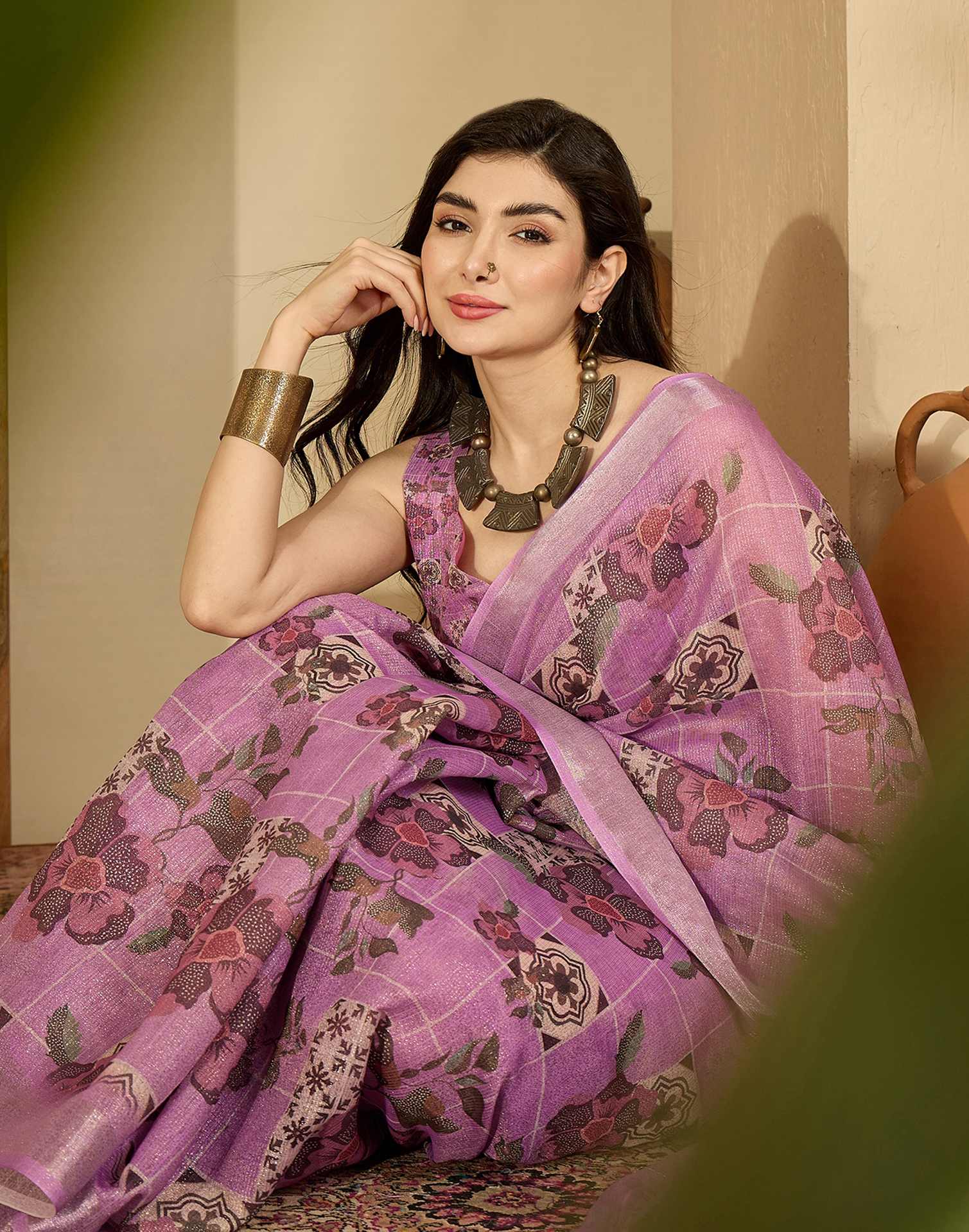 Light Pink Cotton Floral Printed Saree