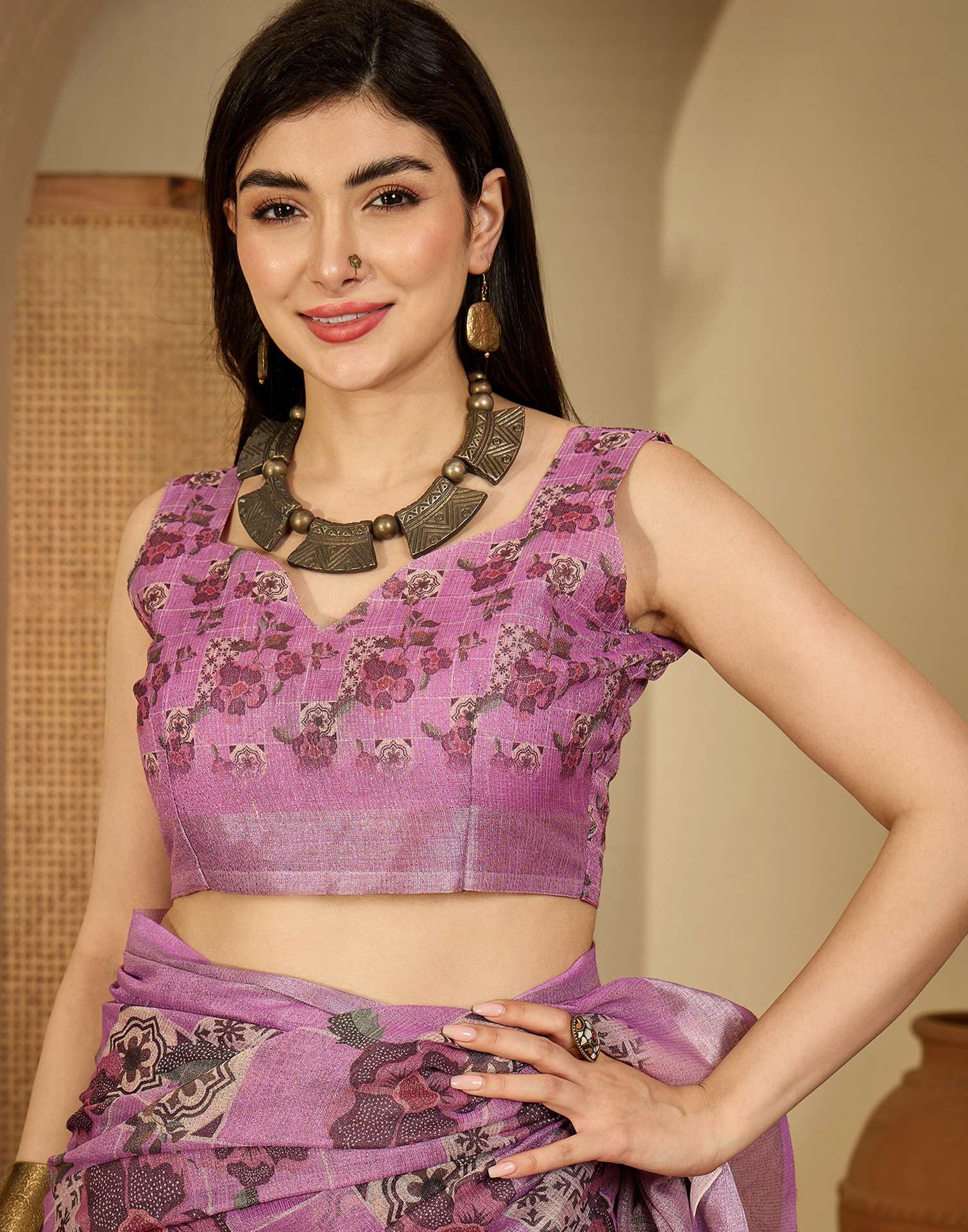 Light Pink Cotton Floral Printed Saree