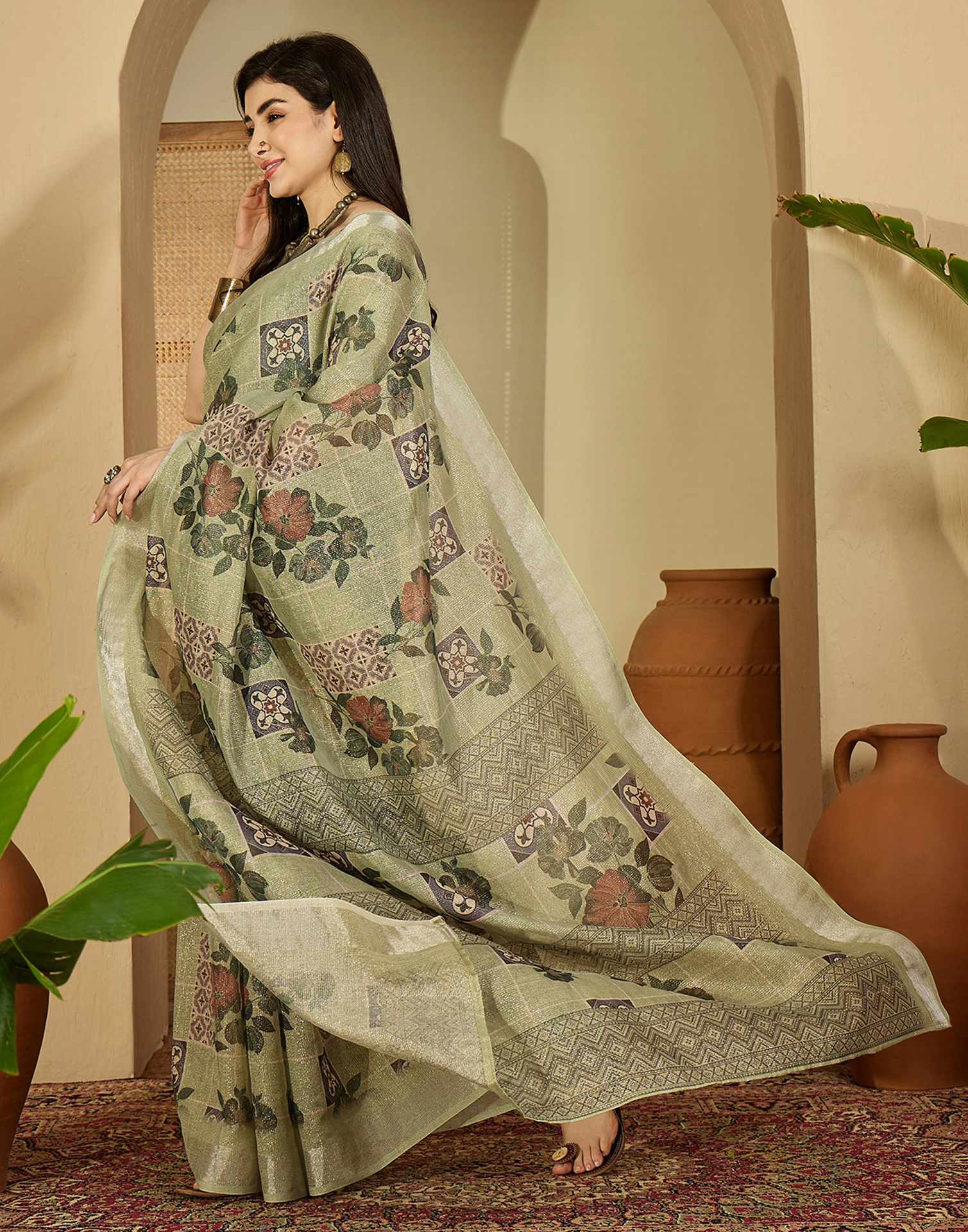 Pista Green Cotton Floral Printed Saree