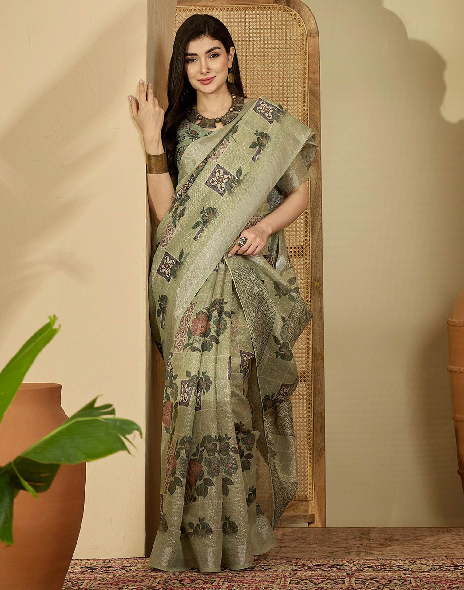 Pista Green Cotton Floral Printed Saree