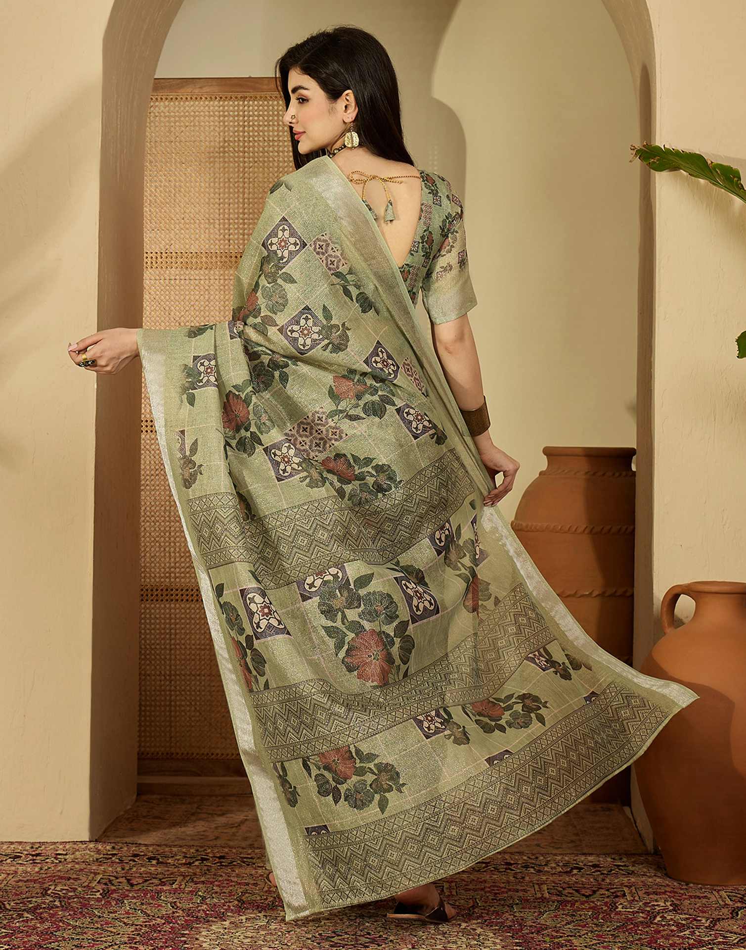 Pista Green Cotton Floral Printed Saree