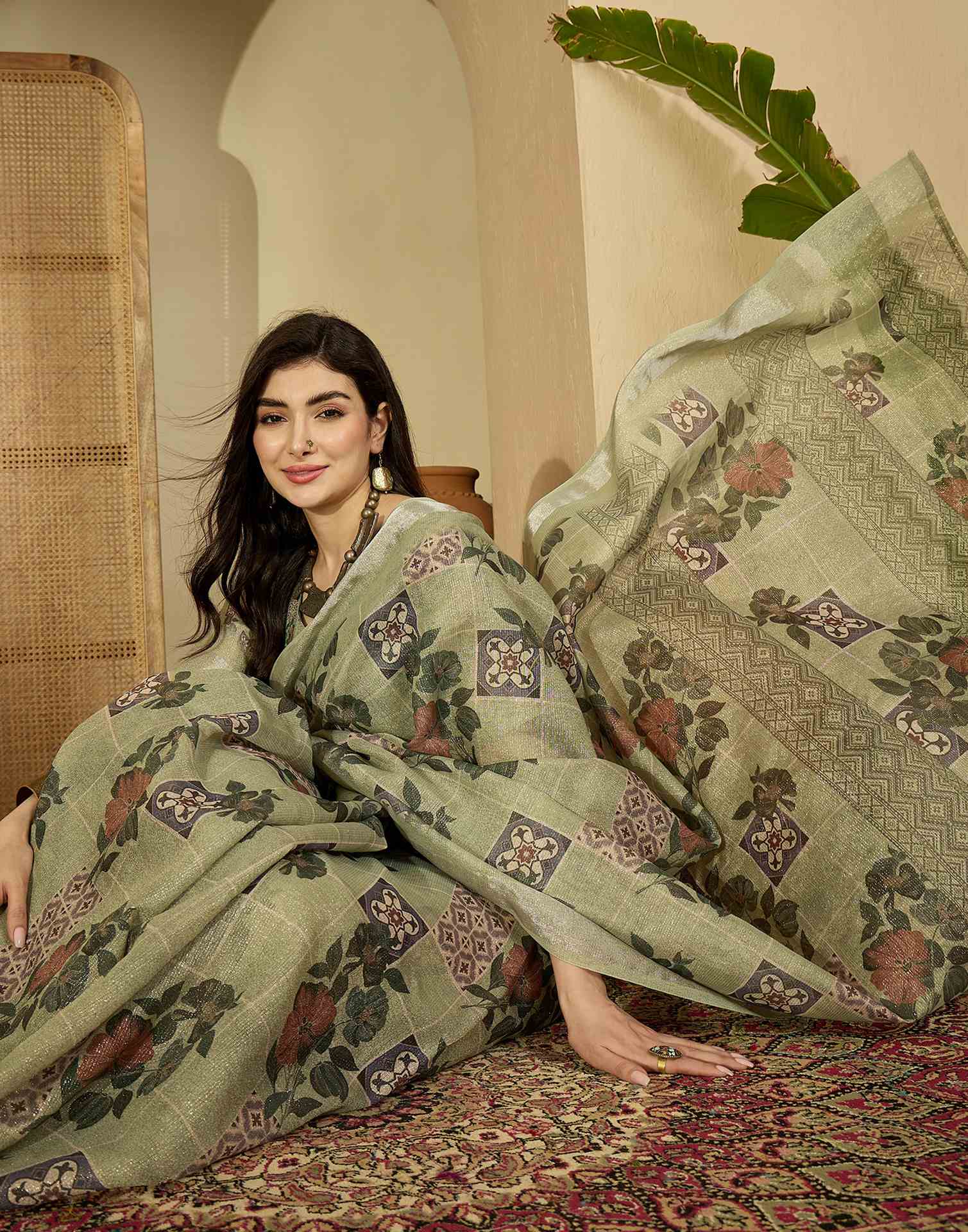 Pista Green Cotton Floral Printed Saree