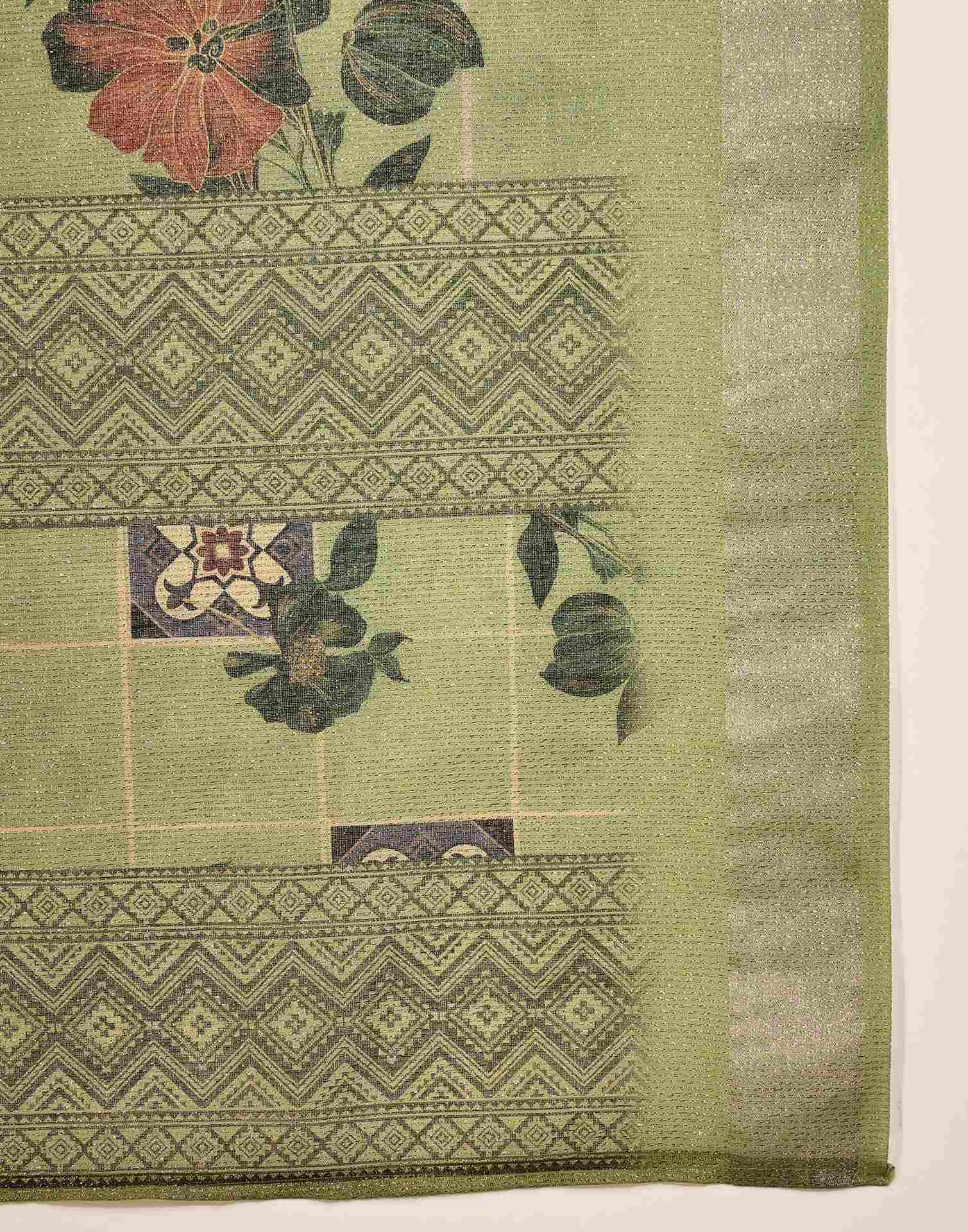 Pista Green Cotton Floral Printed Saree
