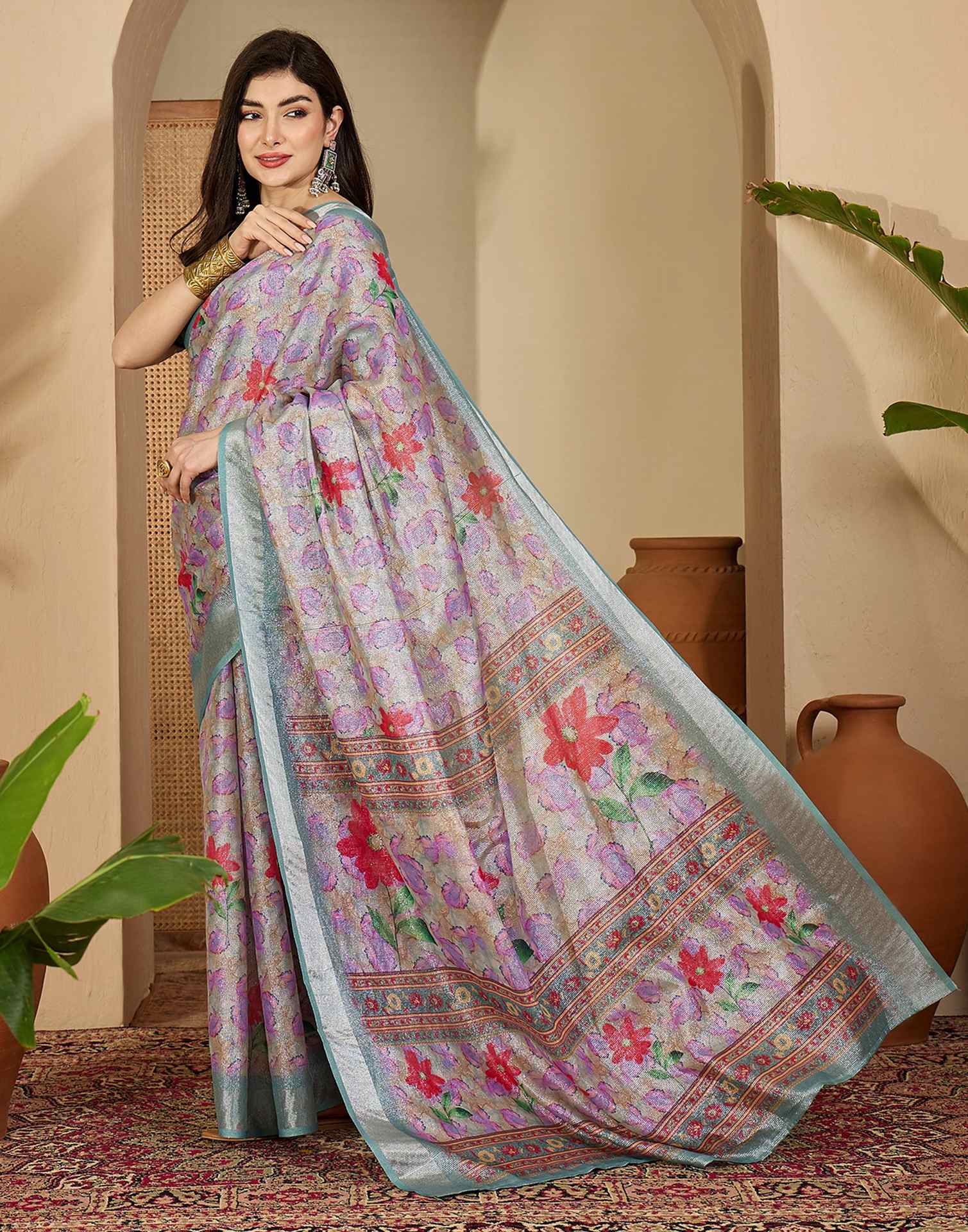 Multicoloured Cotton Floral Printed Saree