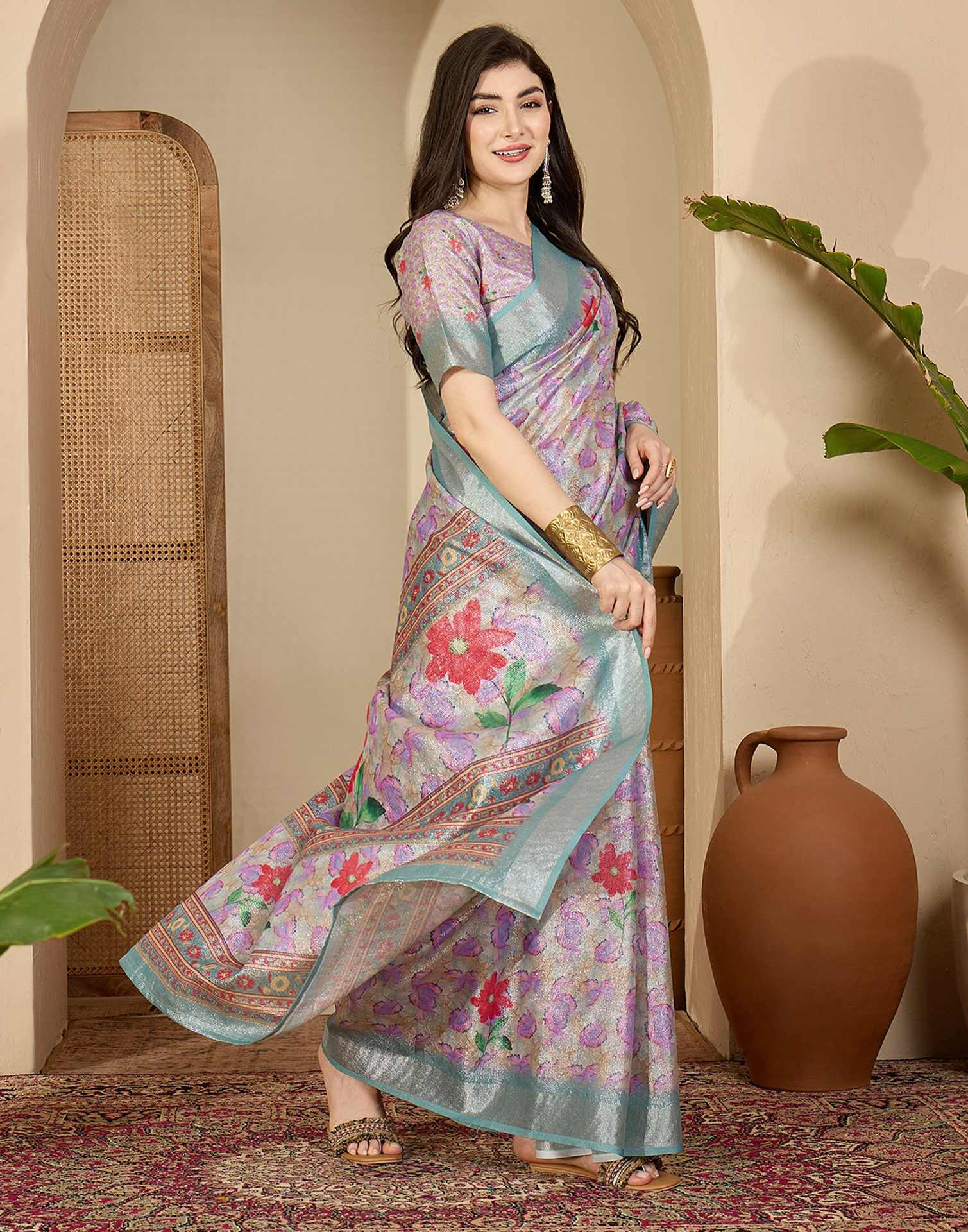 Multicoloured Cotton Floral Printed Saree