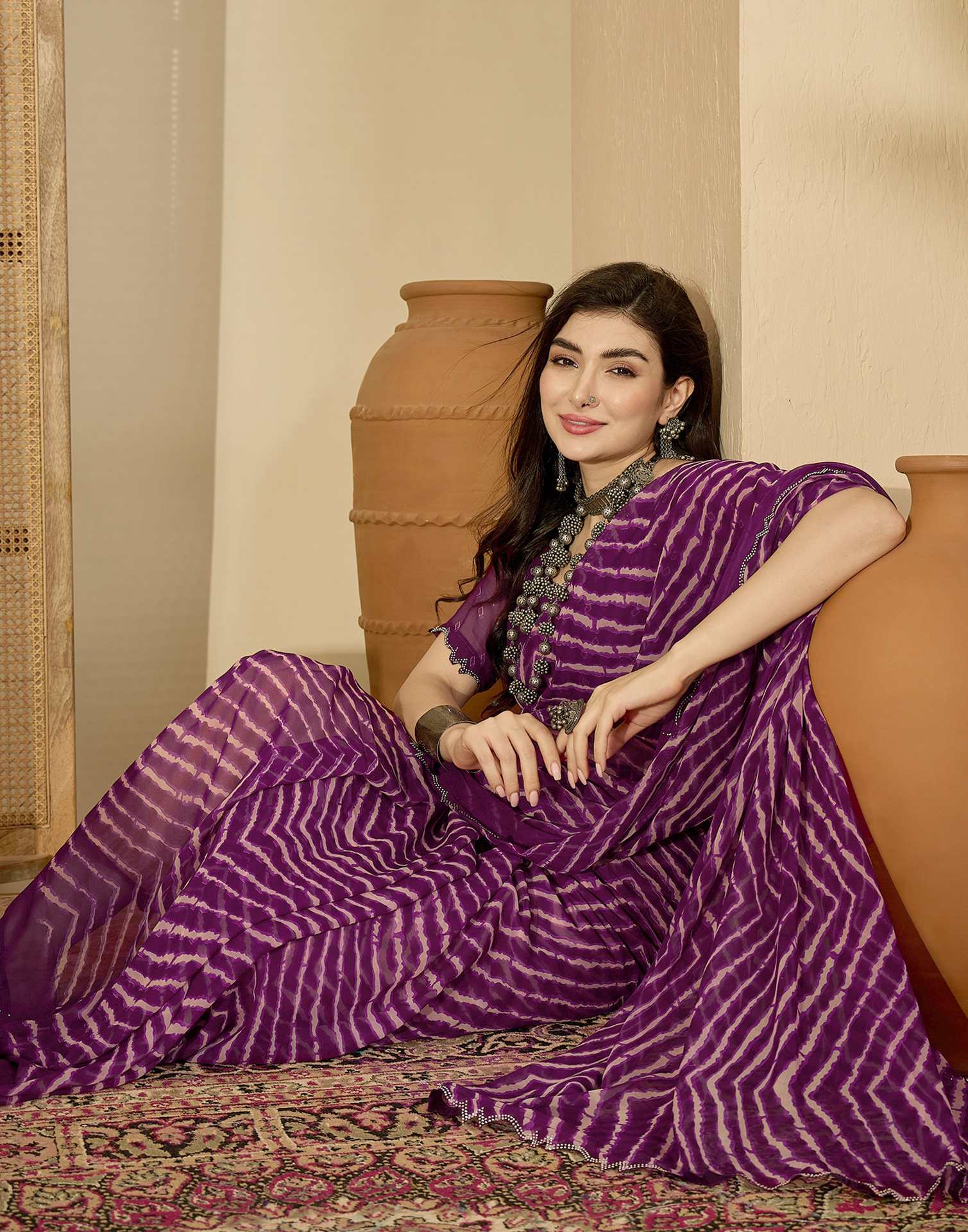 Wine Georgette Printed Laheriya Saree