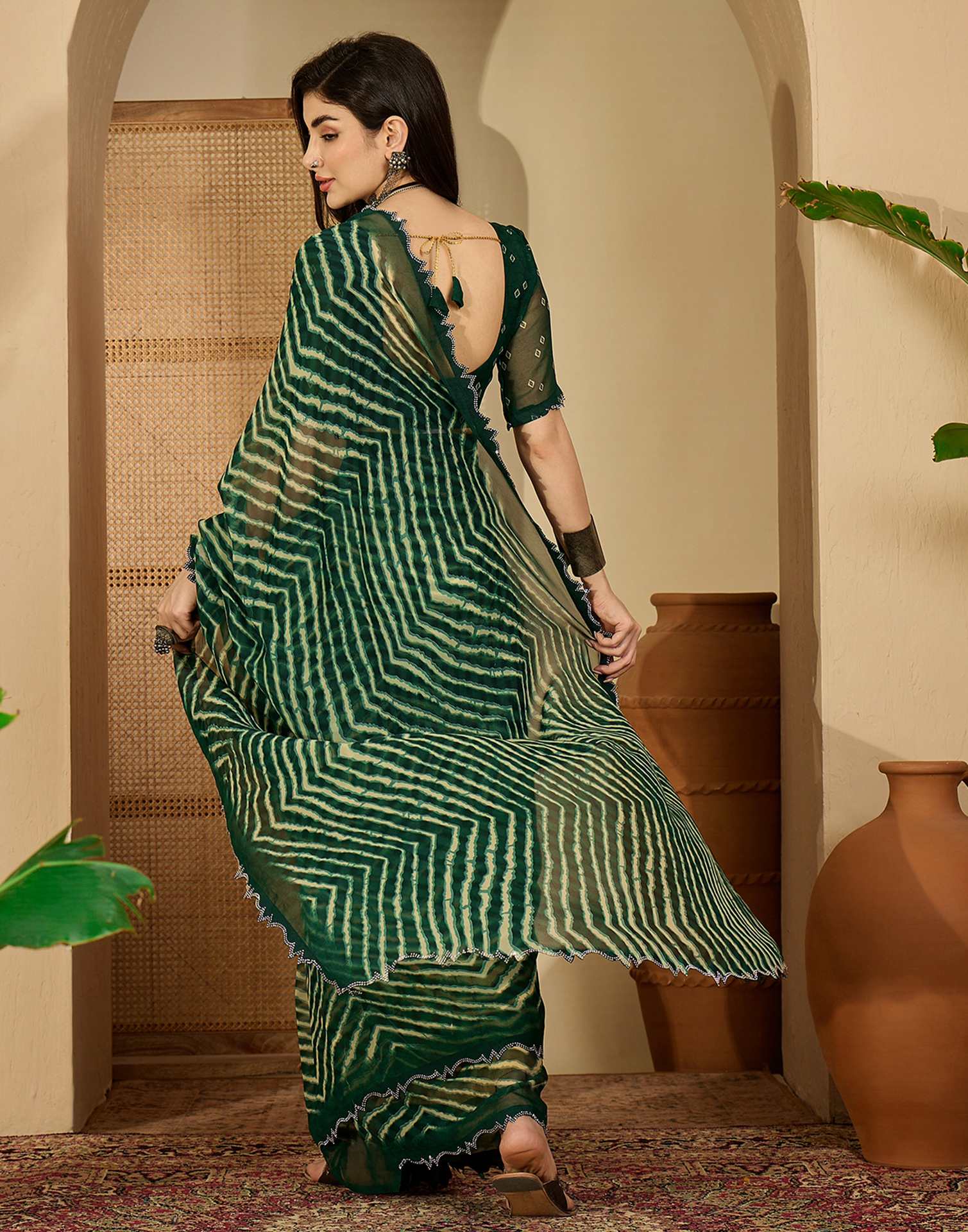 Bottle Green Georgette Printed Laheriya Saree