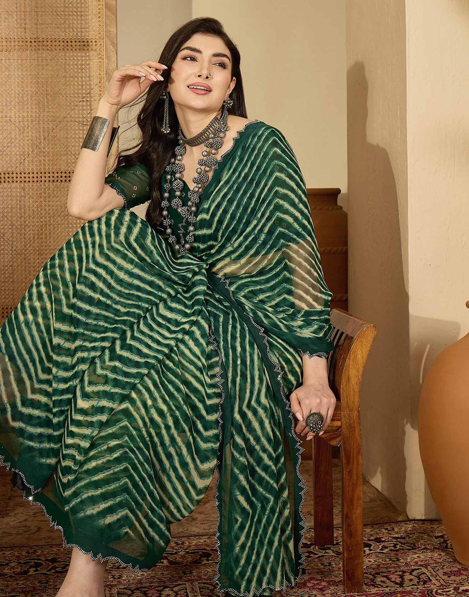 Bottle Green Georgette Printed Laheriya Saree
