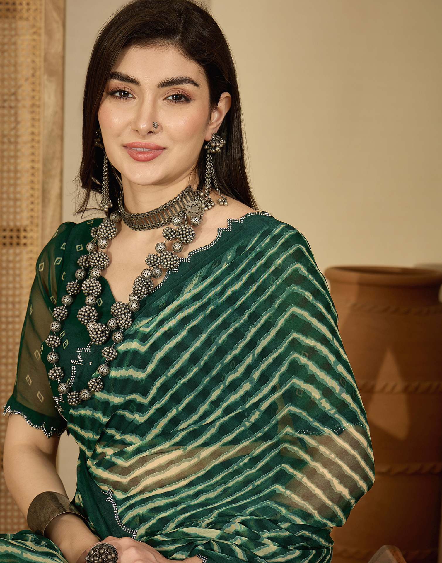 Bottle Green Georgette Printed Laheriya Saree