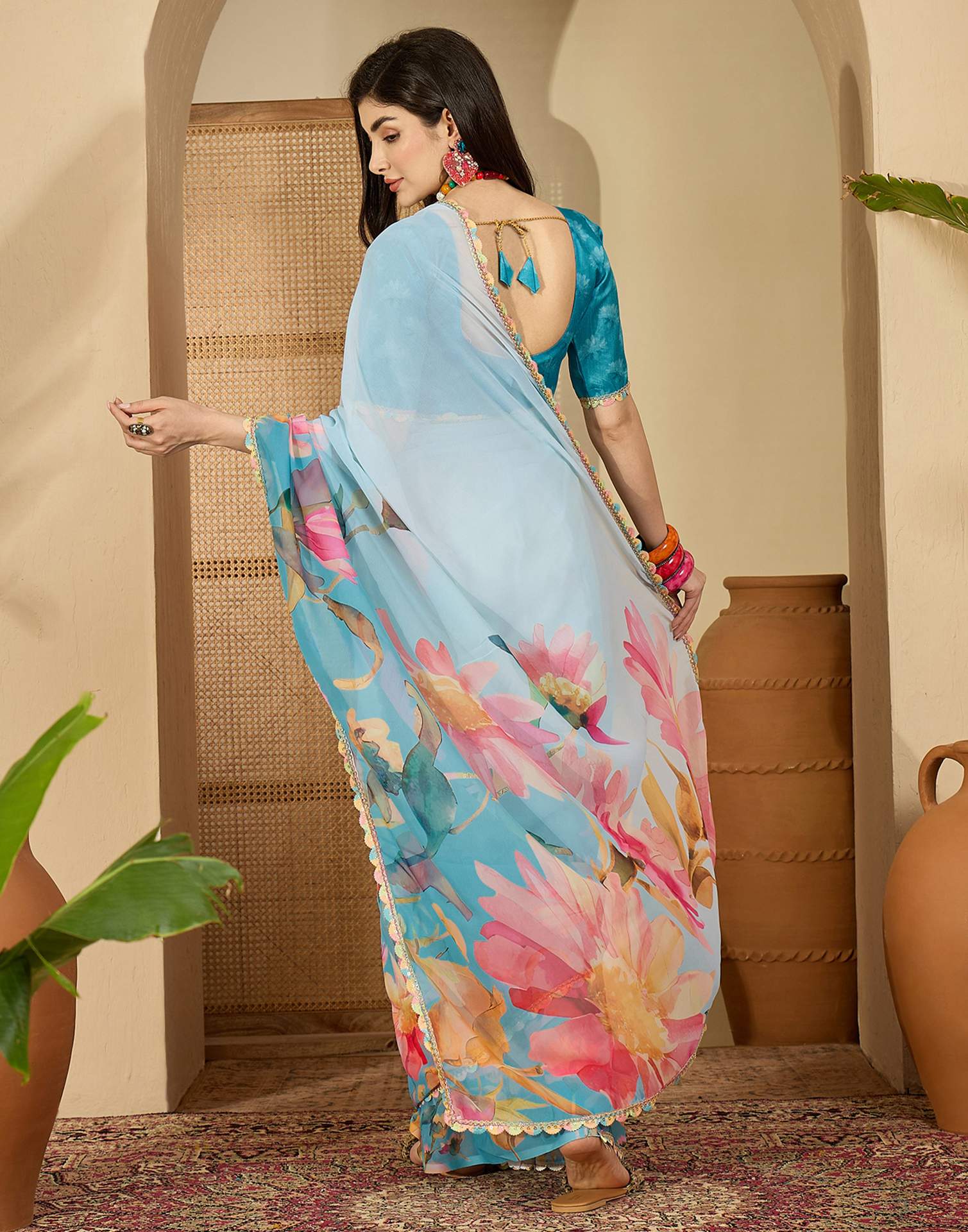 Sky Blue Georgette Floral Printed Saree