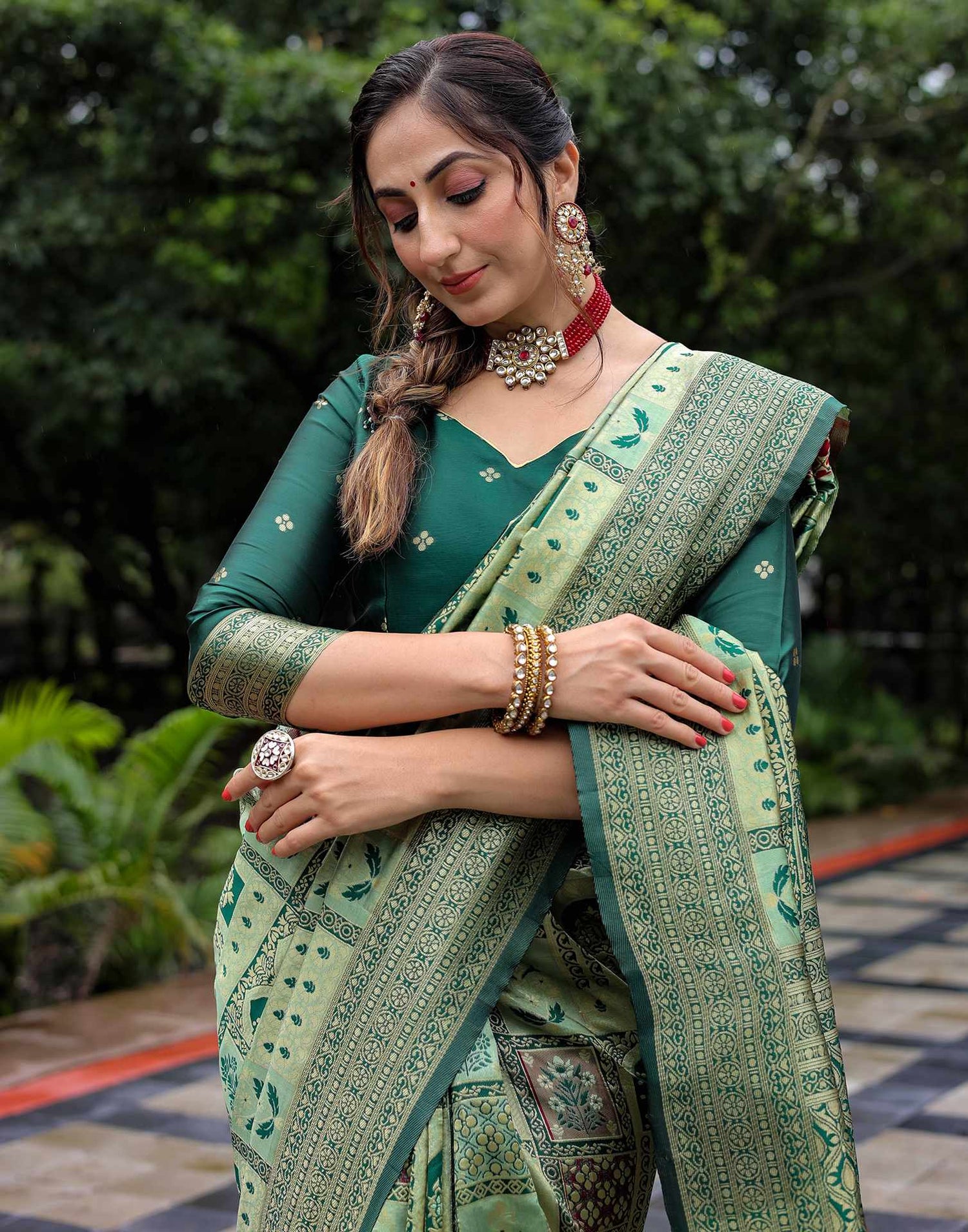 Pista Green Silk Woven Saree