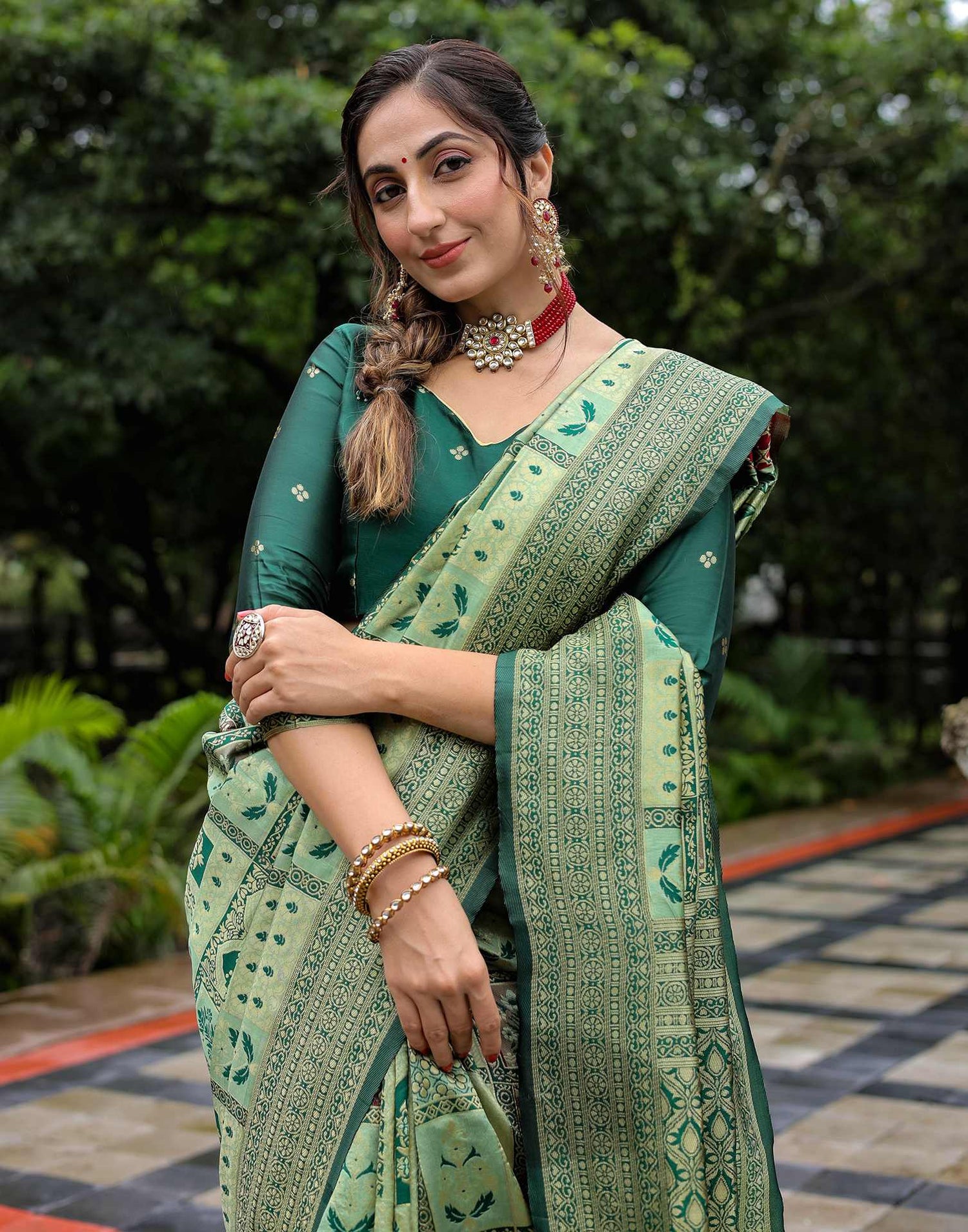 Pista Green Silk Woven Saree