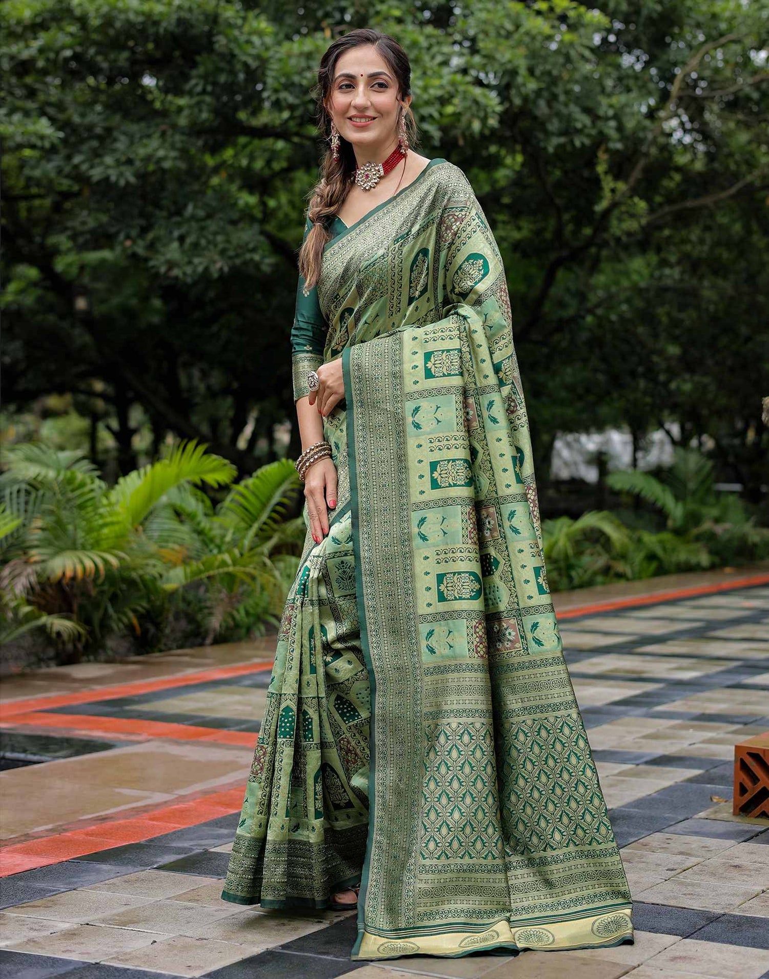 Pista Green Silk Woven Saree
