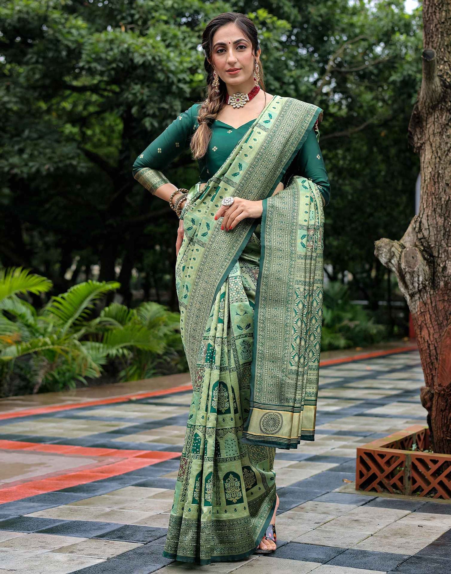 Pista Green Silk Woven Saree