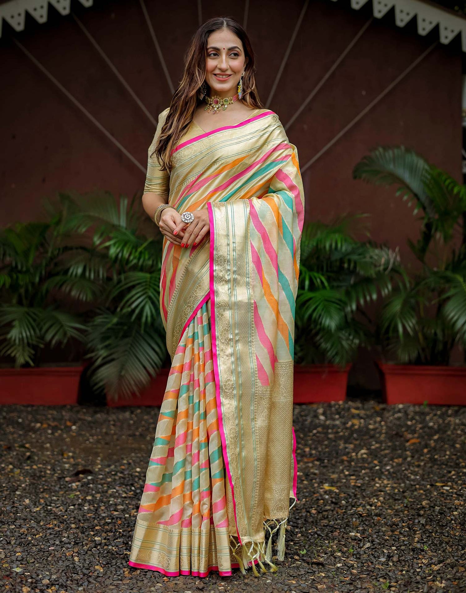 Beige Silk Woven Saree