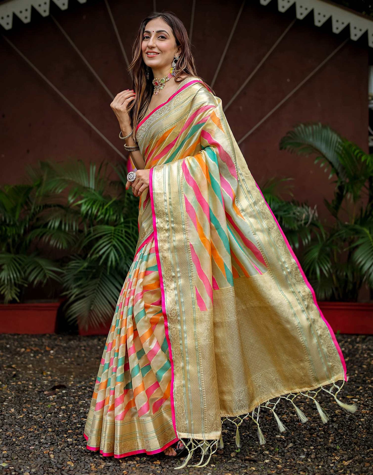 Beige Silk Woven Saree