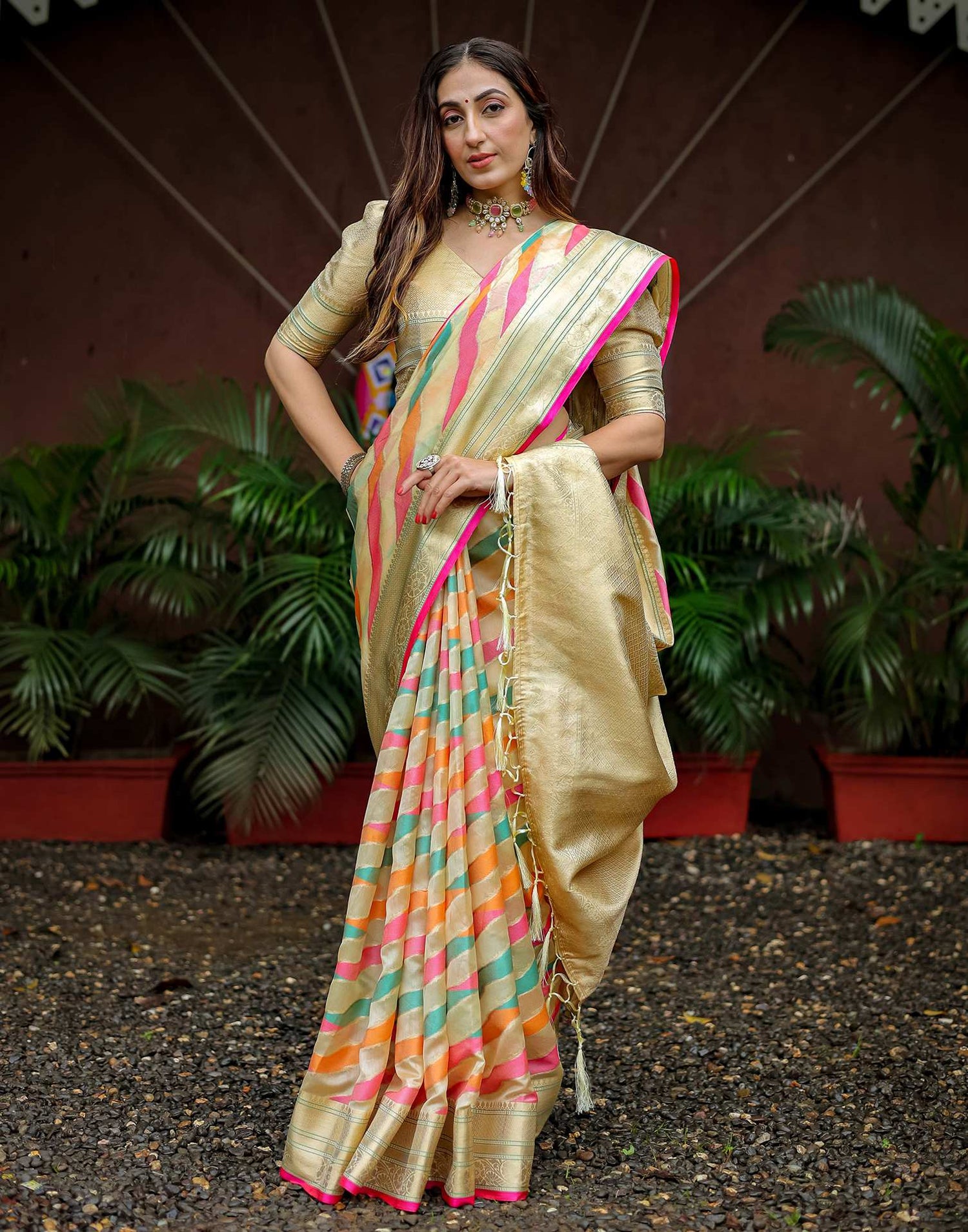 Beige Silk Woven Saree