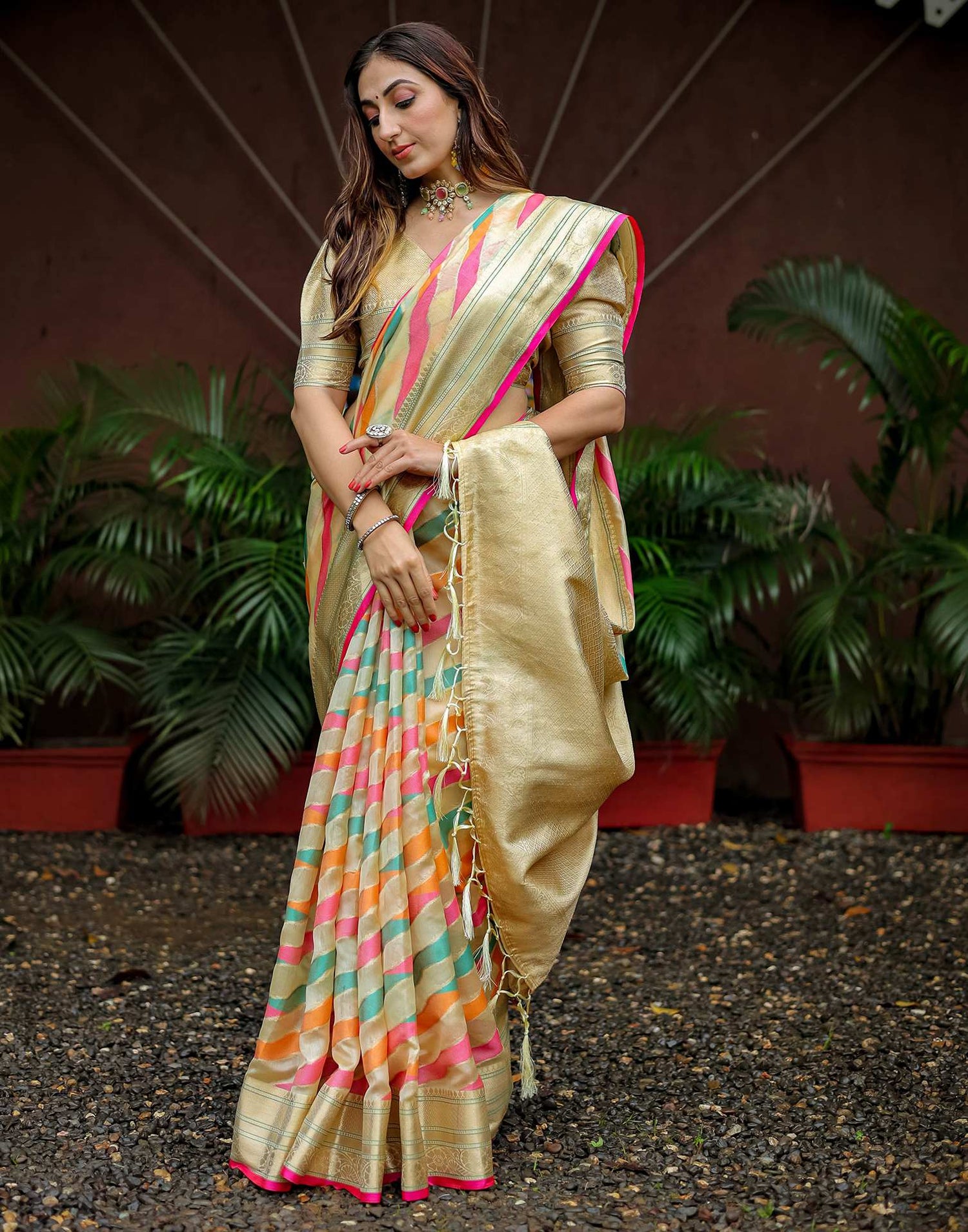 Beige Silk Woven Saree
