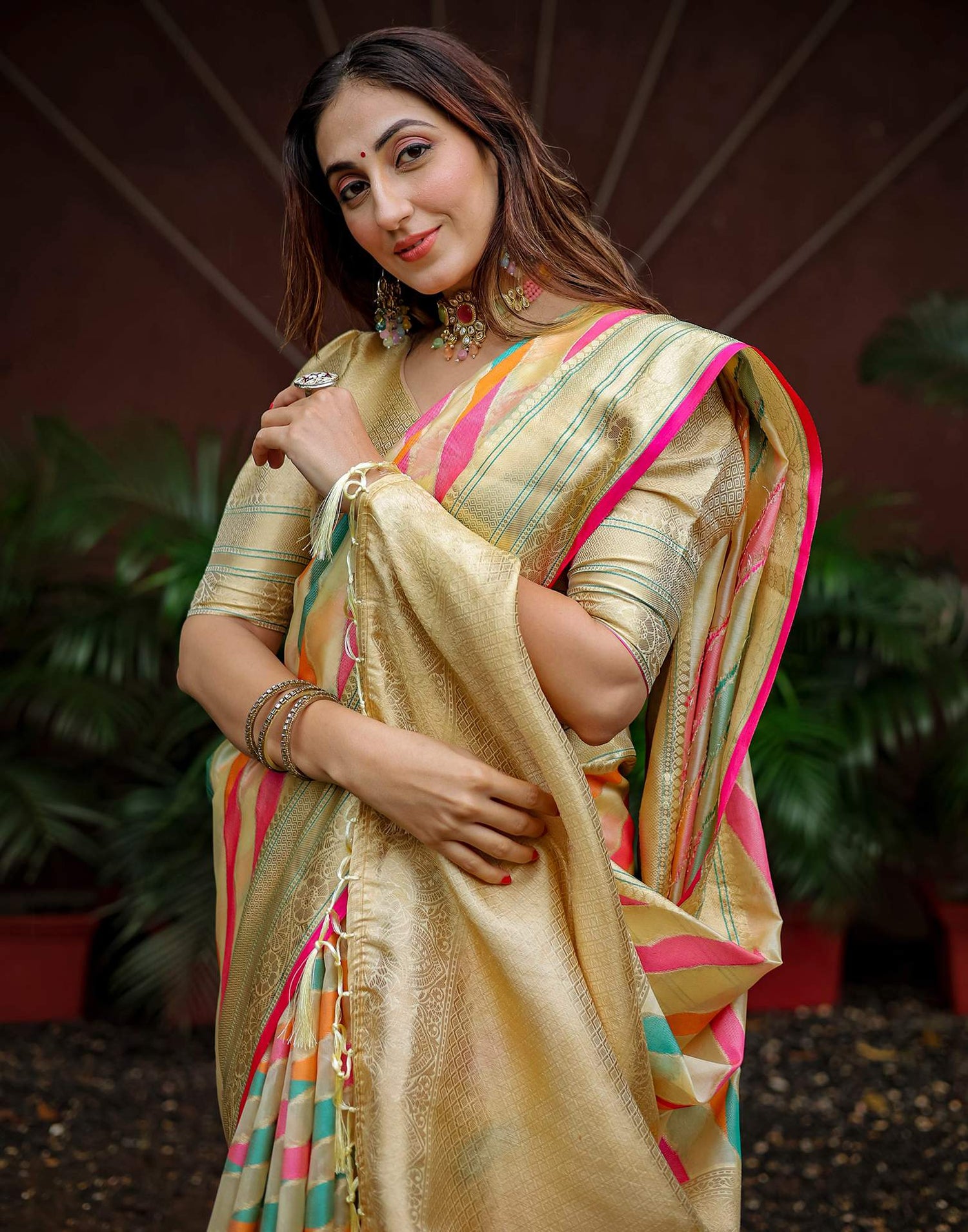 Beige Silk Woven Saree