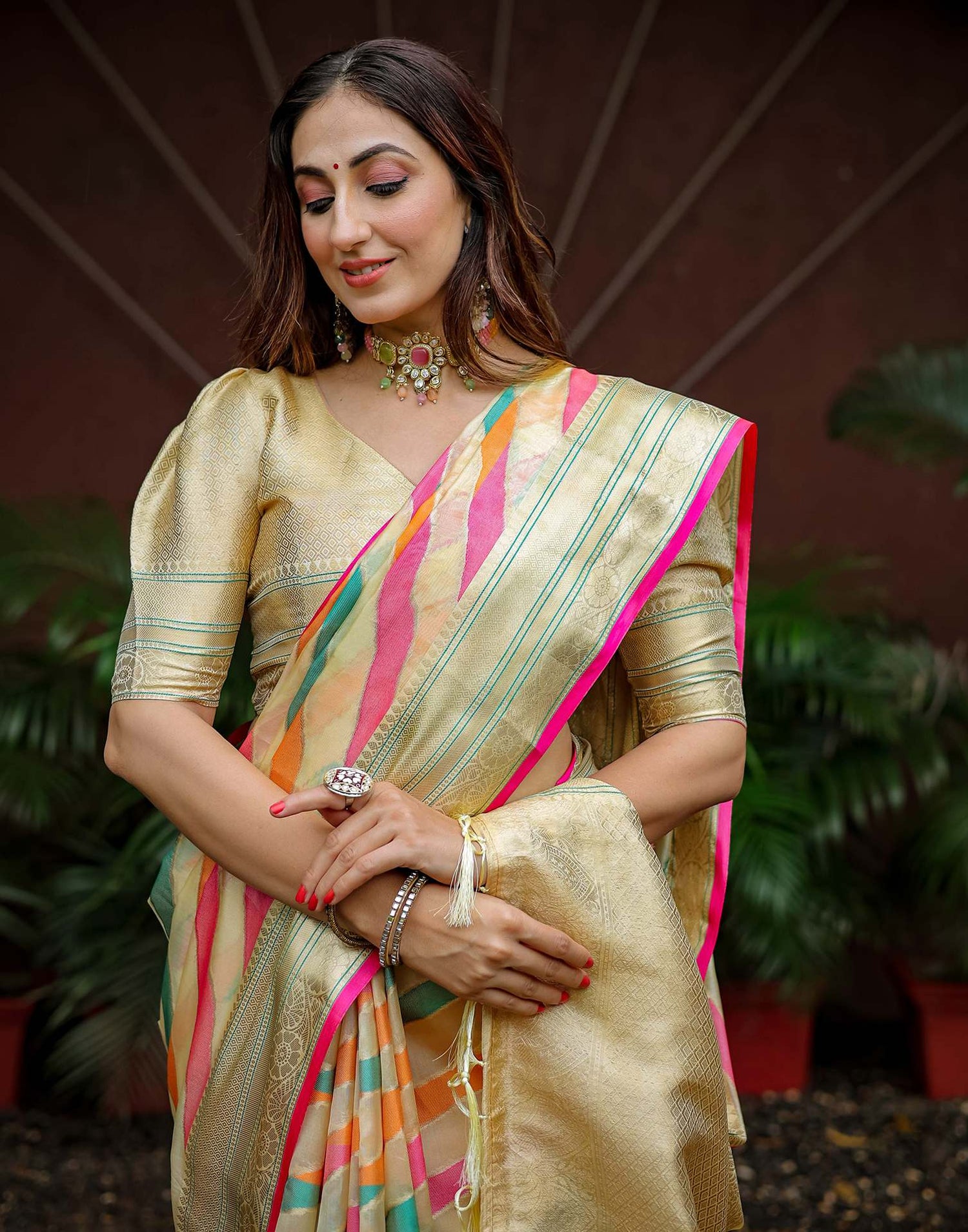 Beige Silk Woven Saree