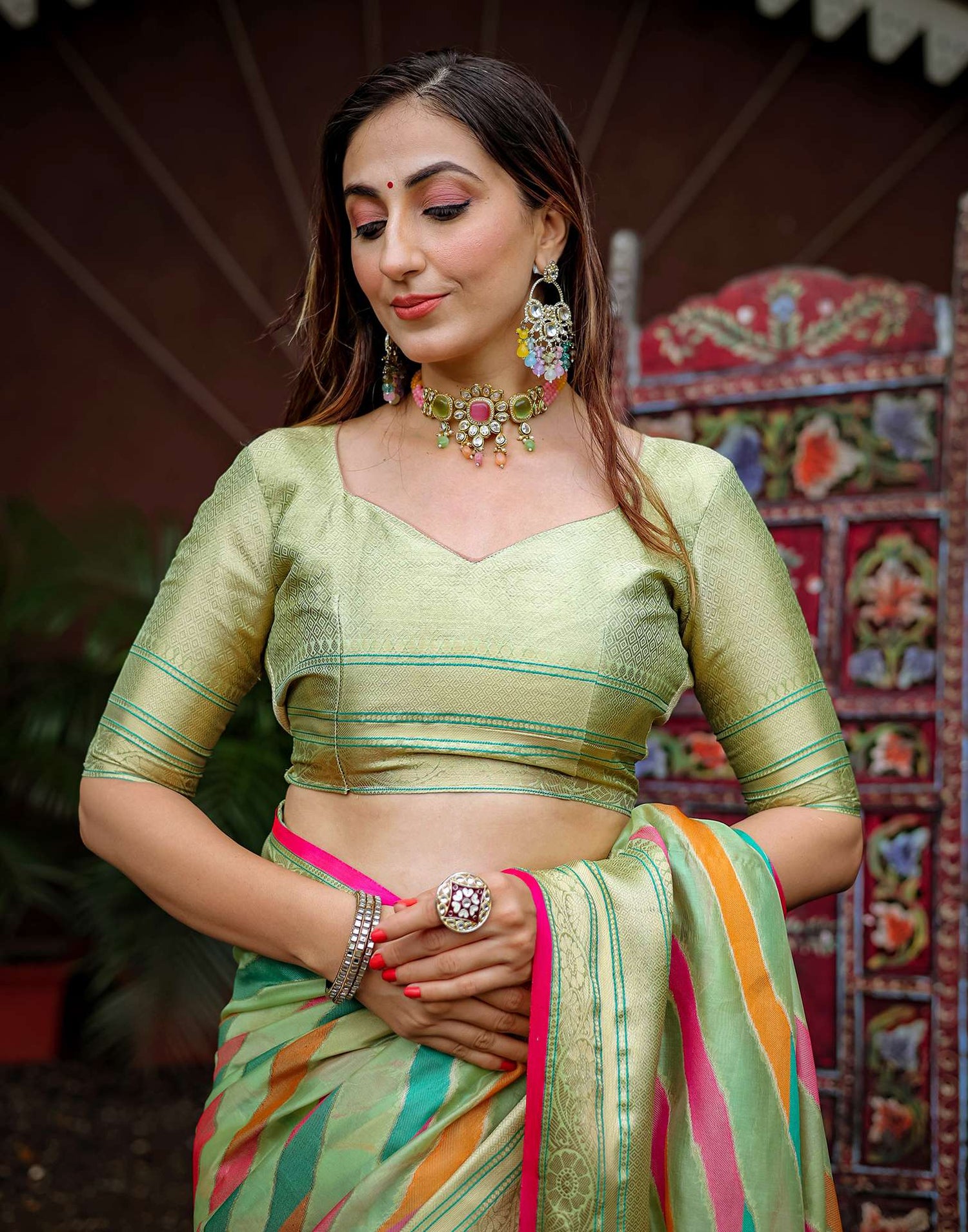 Pista Green Silk Woven Saree