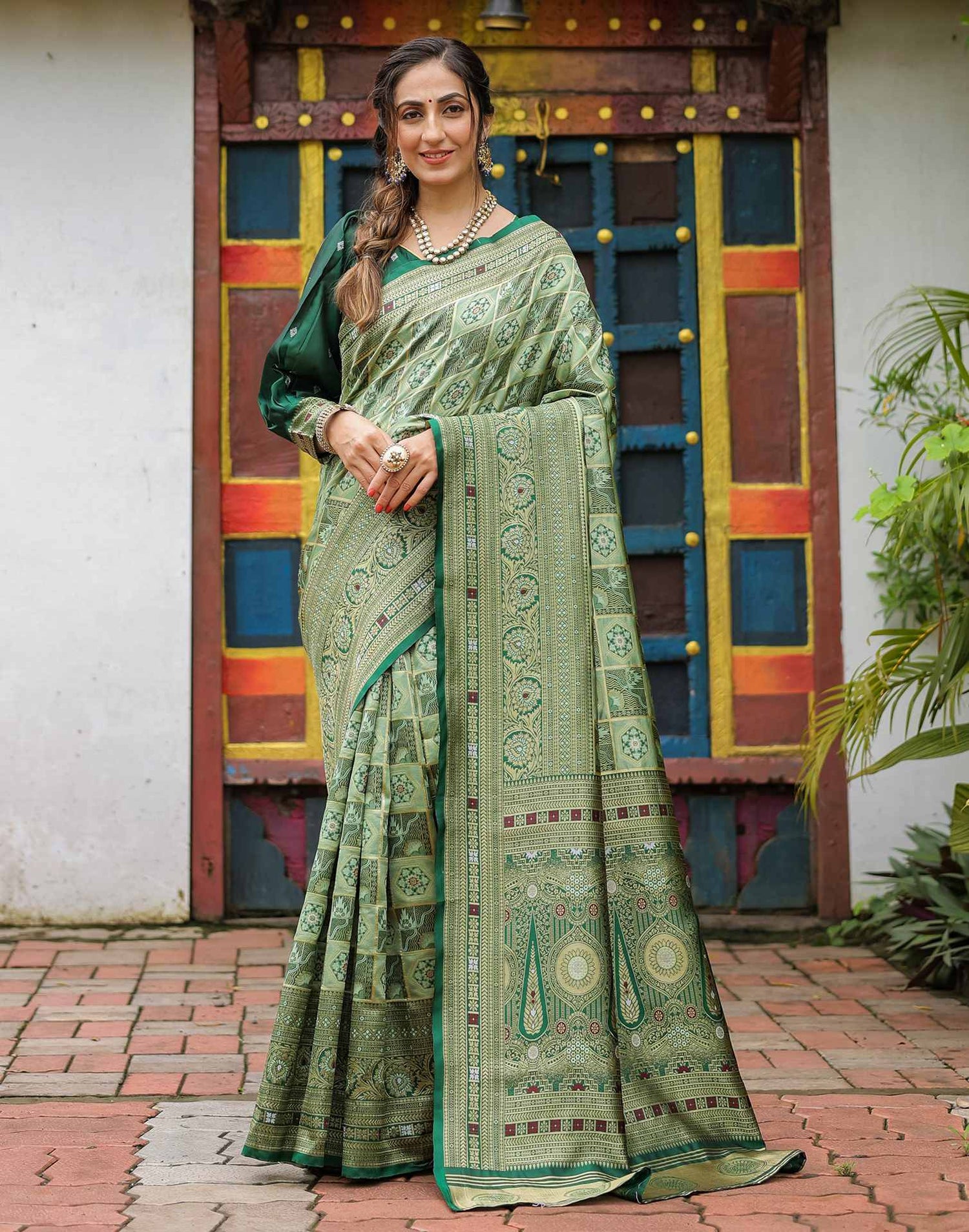 Pista Green Silk Woven Saree