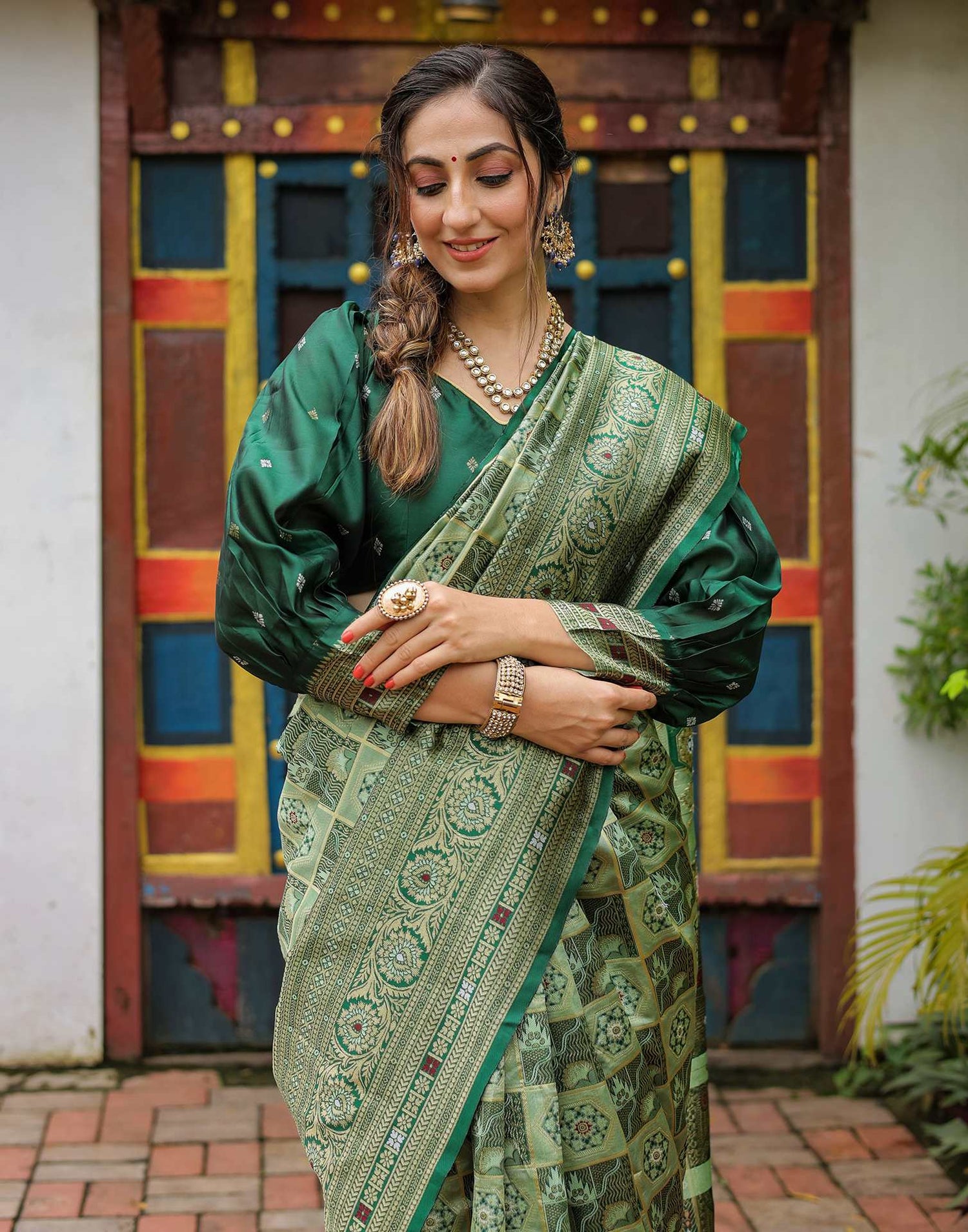 Pista Green Silk Woven Saree