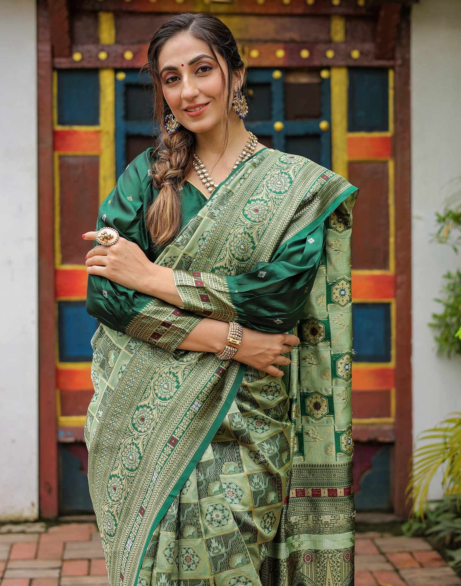 Pista Green Silk Woven Saree