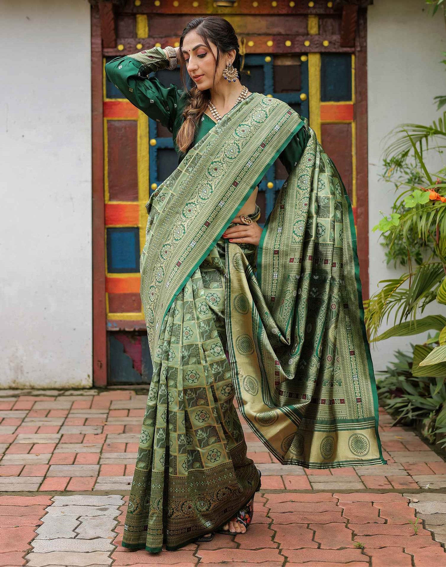 Pista Green Silk Woven Saree