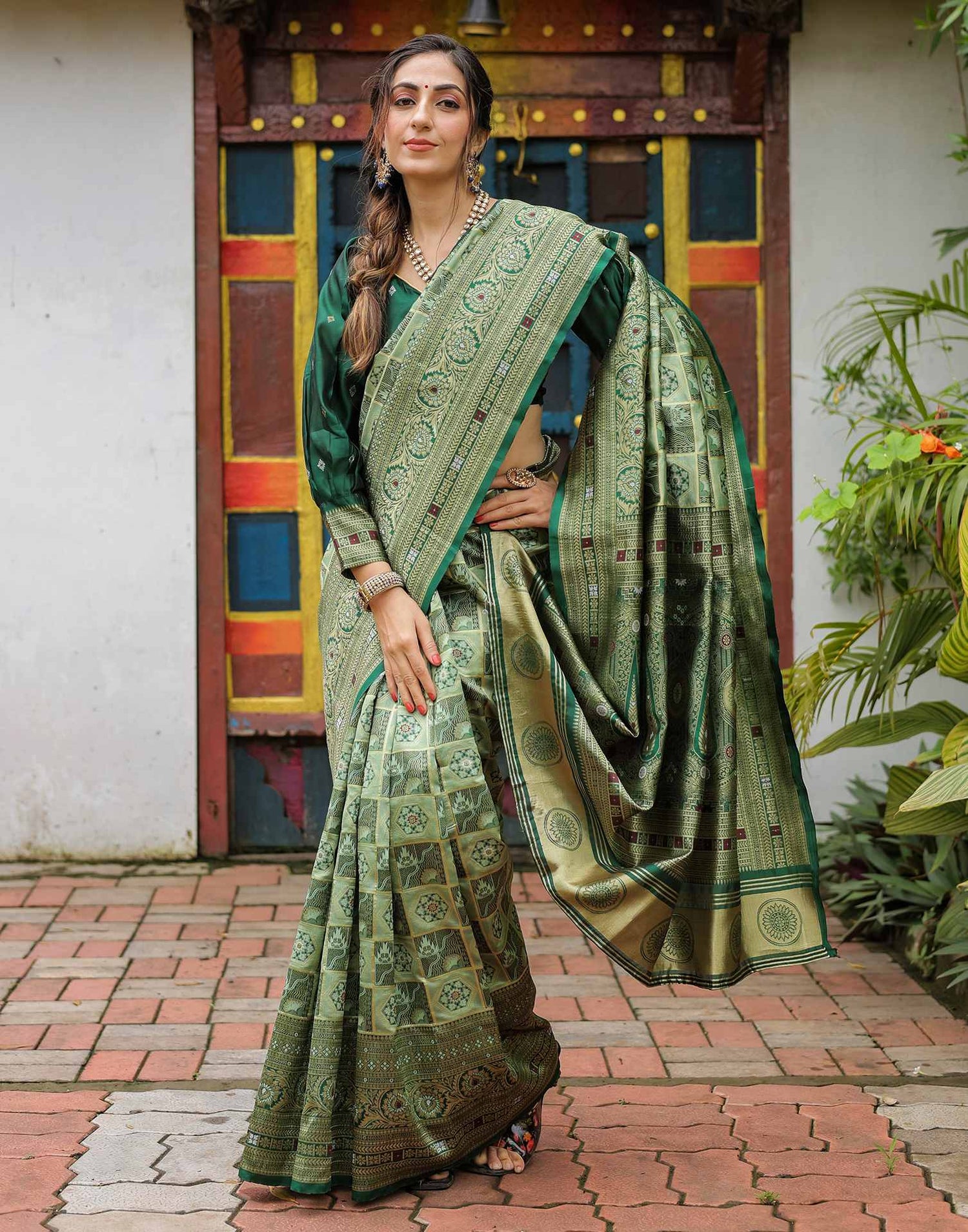 Pista Green Silk Woven Saree
