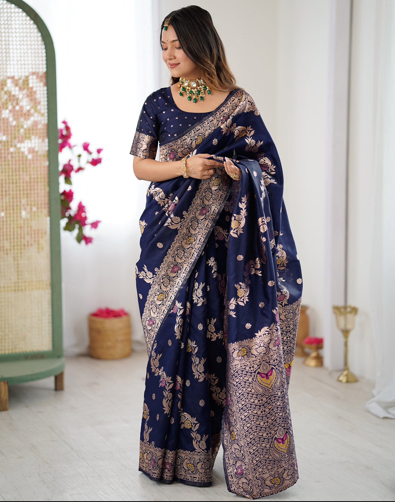 Navy Blue Silk Woven Banarasi Saree