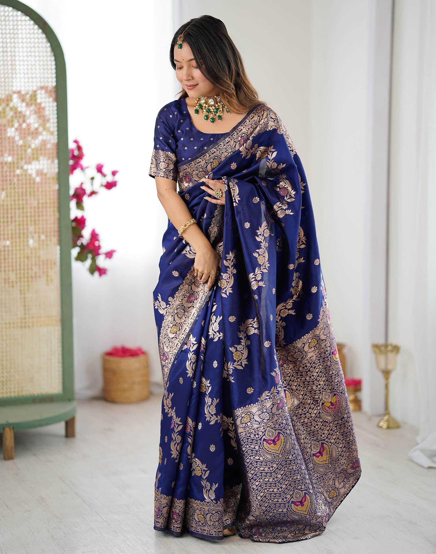 Navy Blue Silk Woven Banarasi Saree